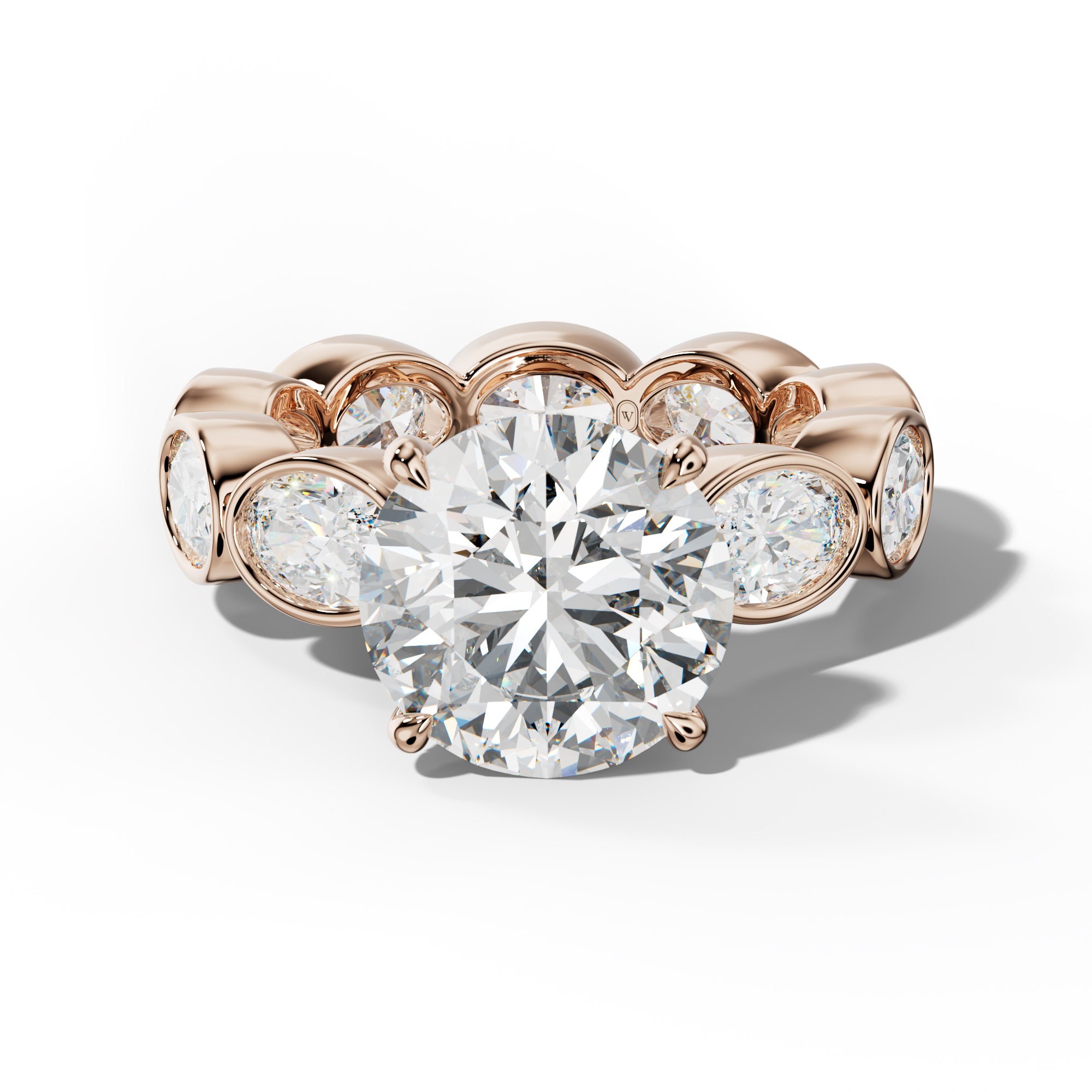 Veda Round Diamond Engagement Ring With East West Oval Side Stones