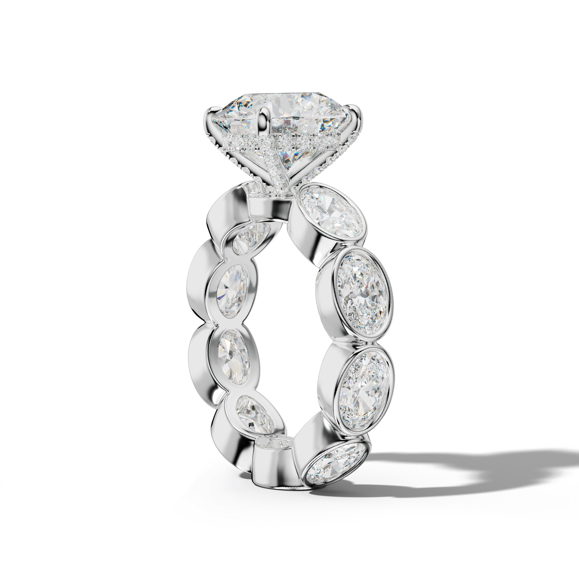 Veda Round Diamond Engagement Ring With East West Oval Side Stones