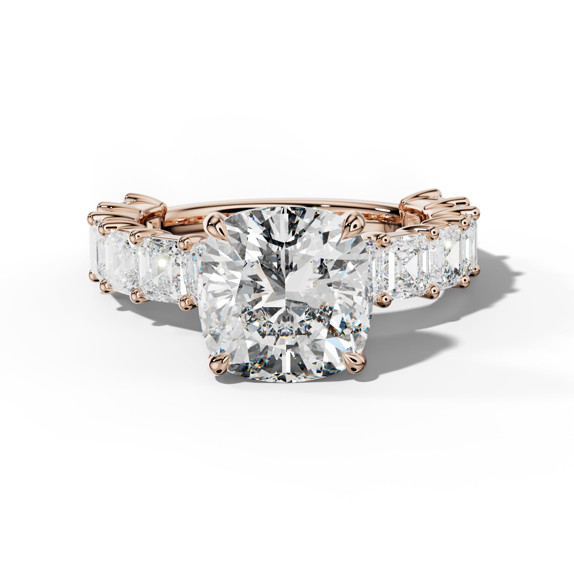 Soleil Cushion Diamond Engagement Ring With Asscher Side Stones