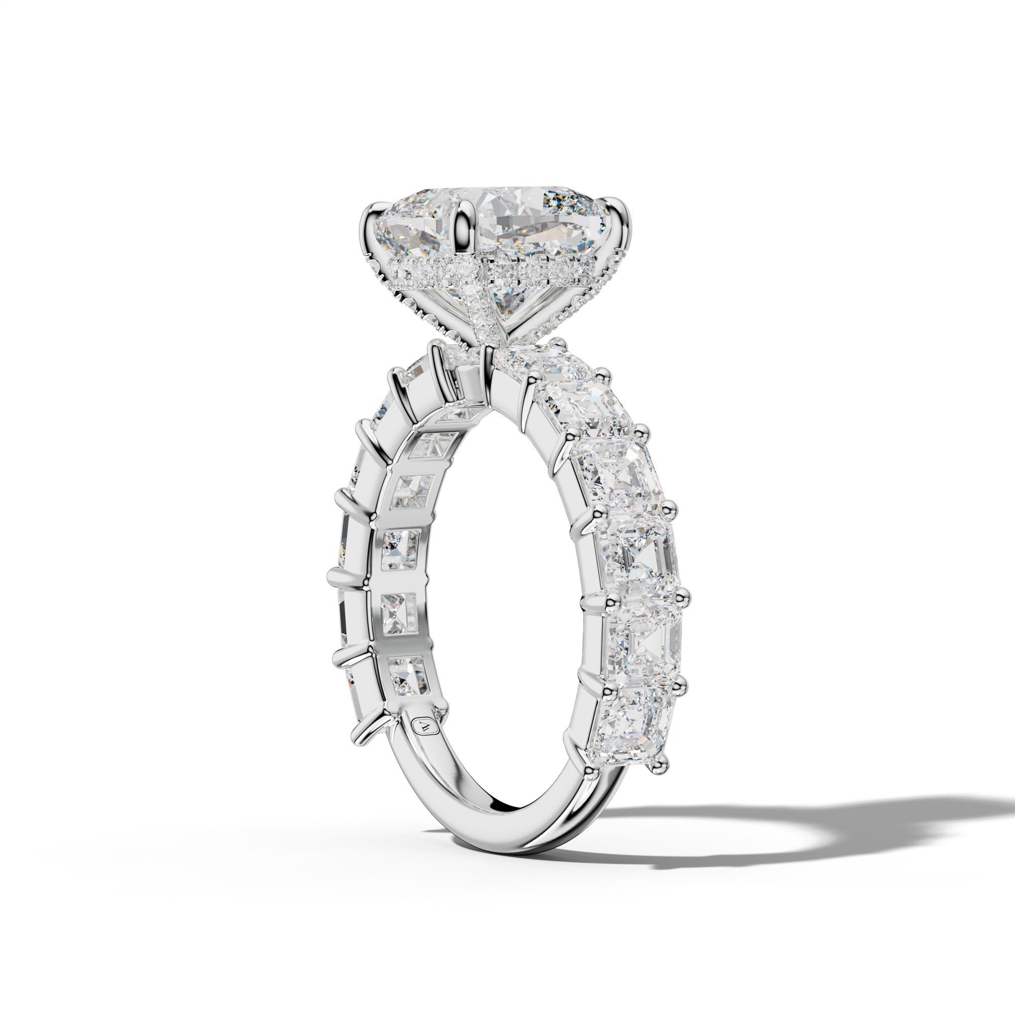 Soleil Cushion Diamond Engagement Ring With Asscher Side Stones