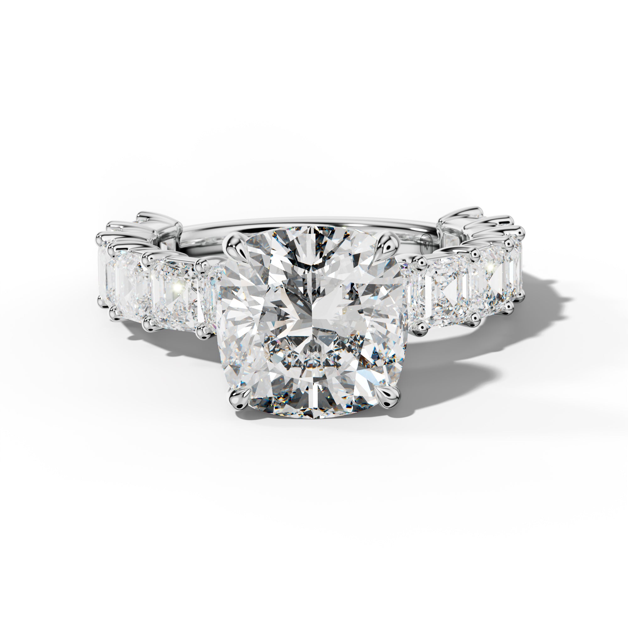 Soleil Cushion Diamond Engagement Ring With Asscher Side Stones