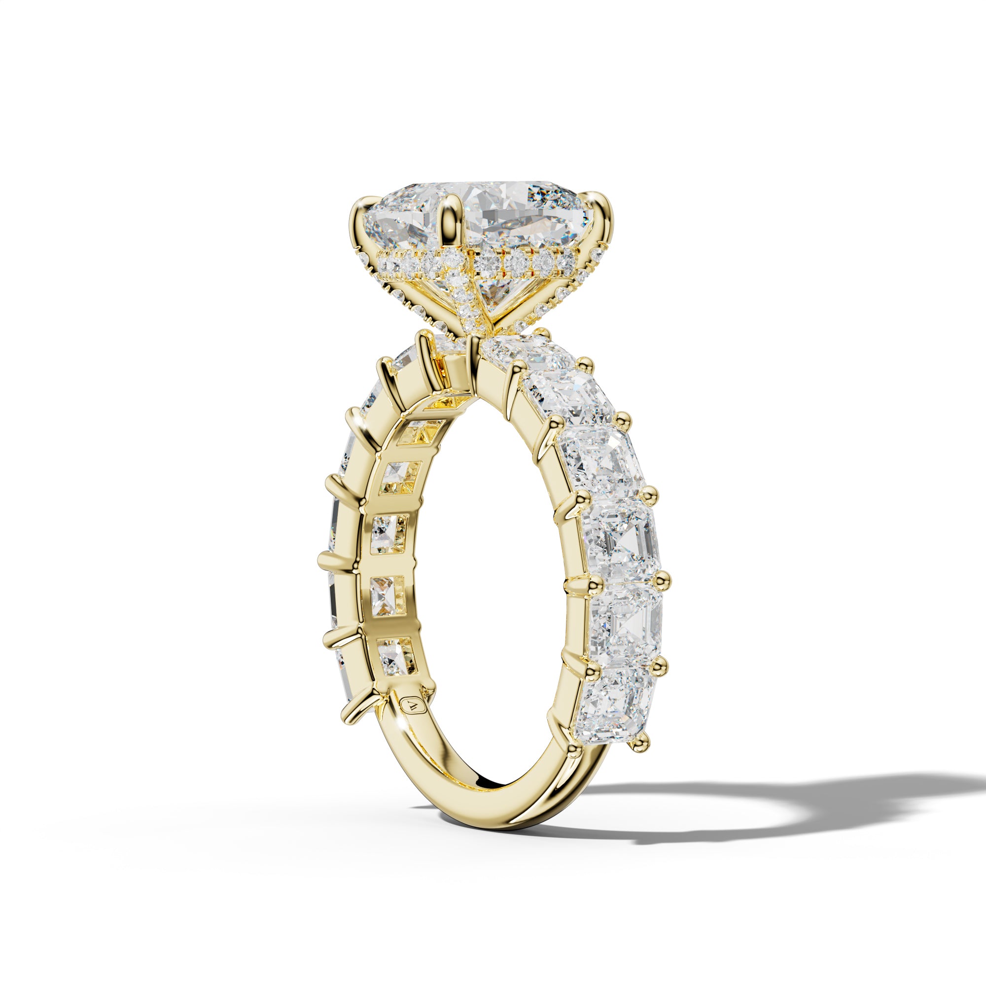 Soleil Cushion Diamond Engagement Ring With Asscher Side Stones