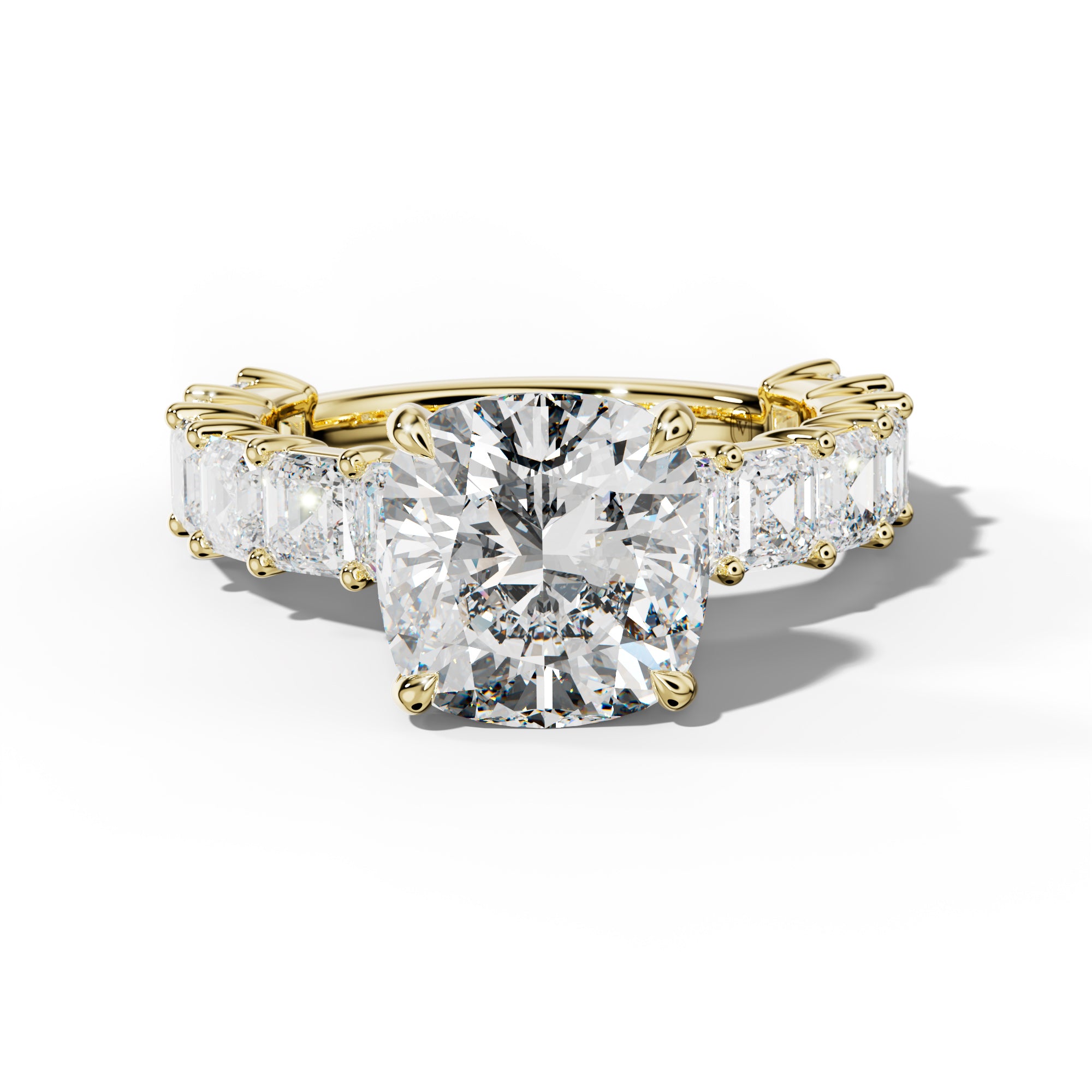 Soleil Cushion Diamond Engagement Ring With Asscher Side Stones