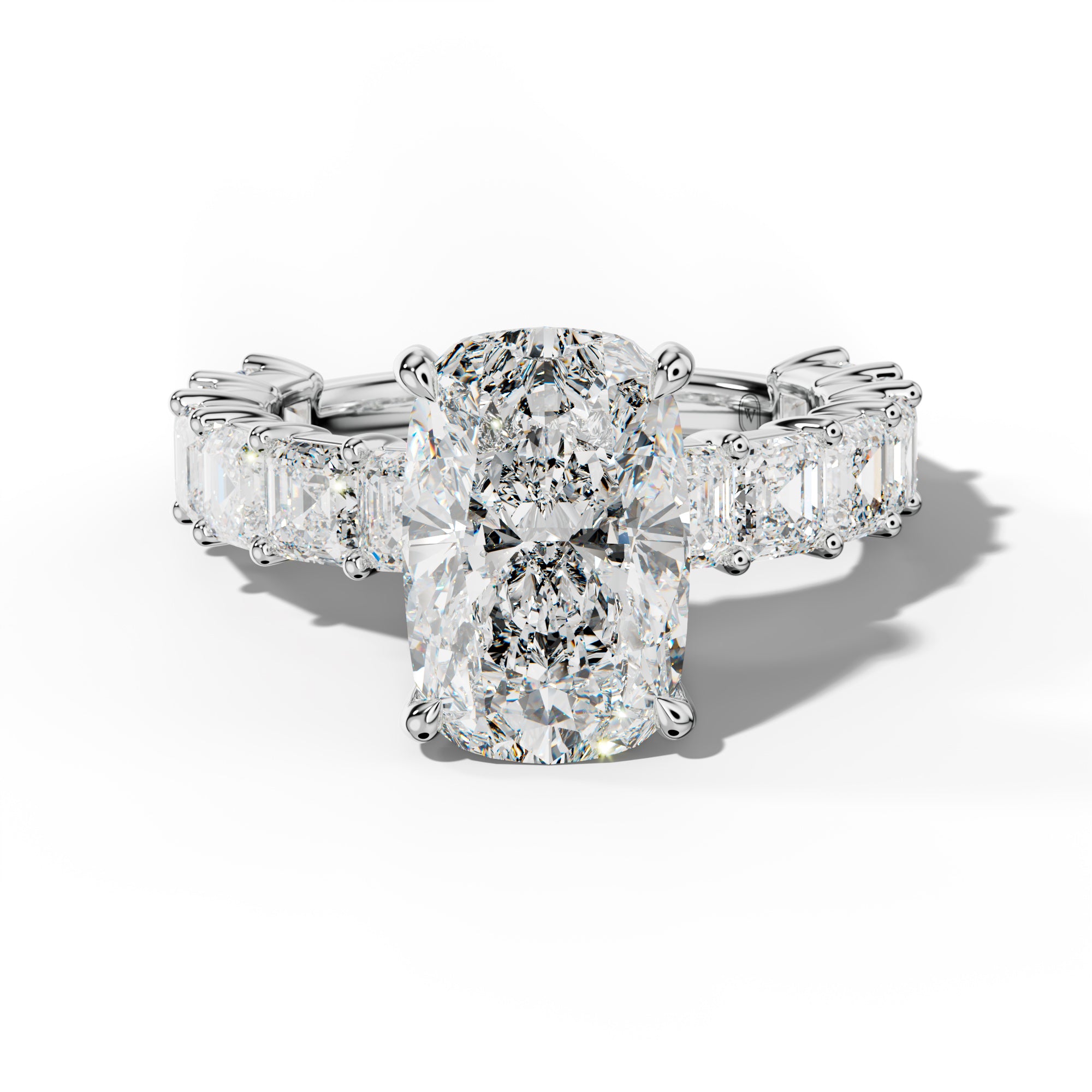 Soleil Elongated Cushion Diamond Engagement Ring With Asscher Side Stones