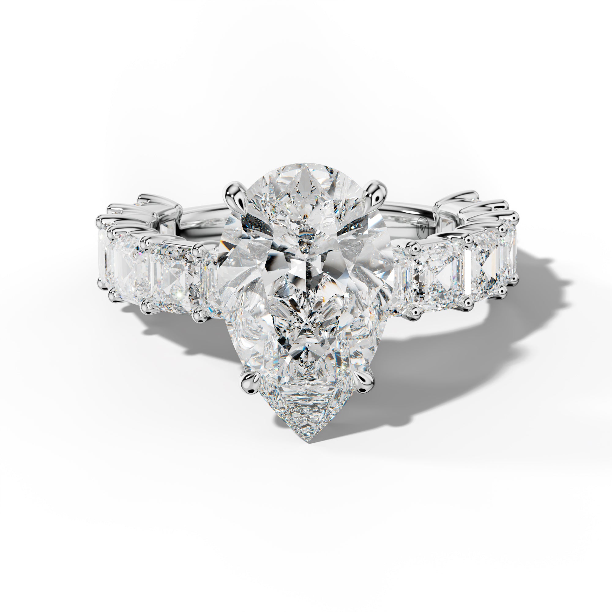 Soleil Pear Shape Engagement Ring With Asscher Side Stones