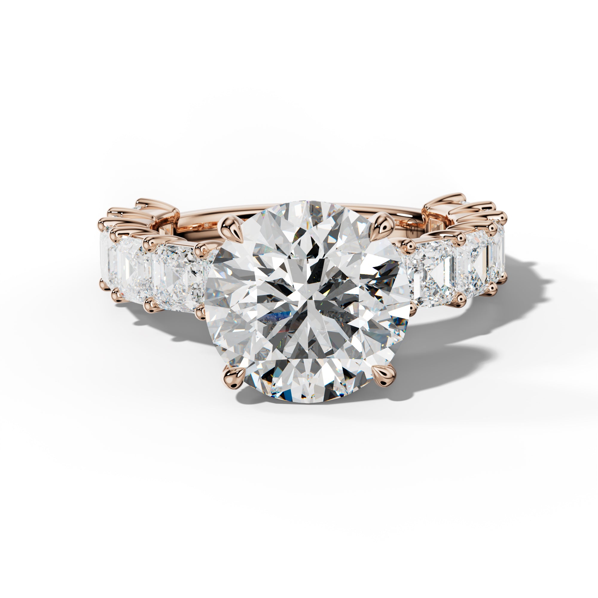 Soleil Round Diamond Engagement Ring With Asscher Side Stones