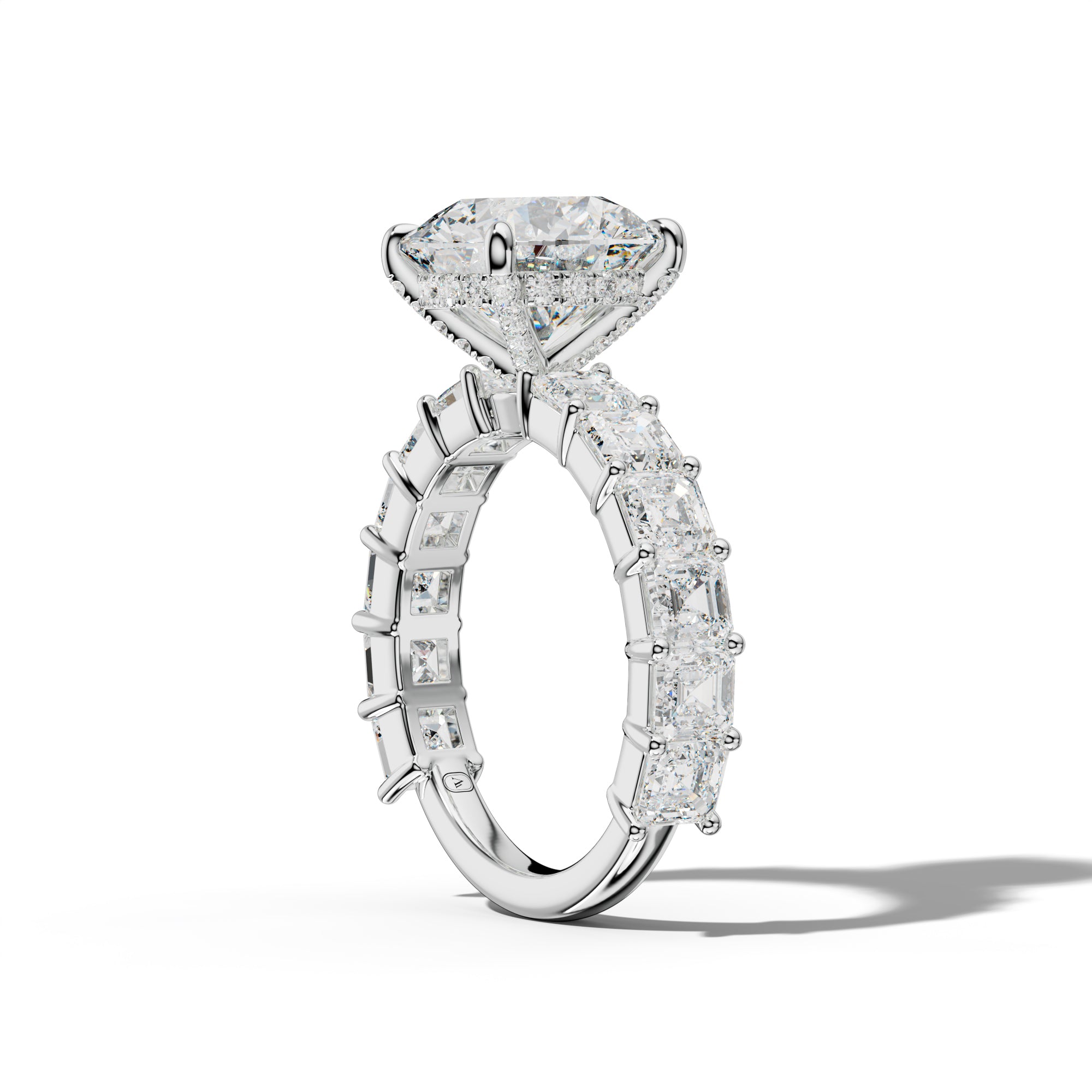 Soleil Round Diamond Engagement Ring With Asscher Side Stones