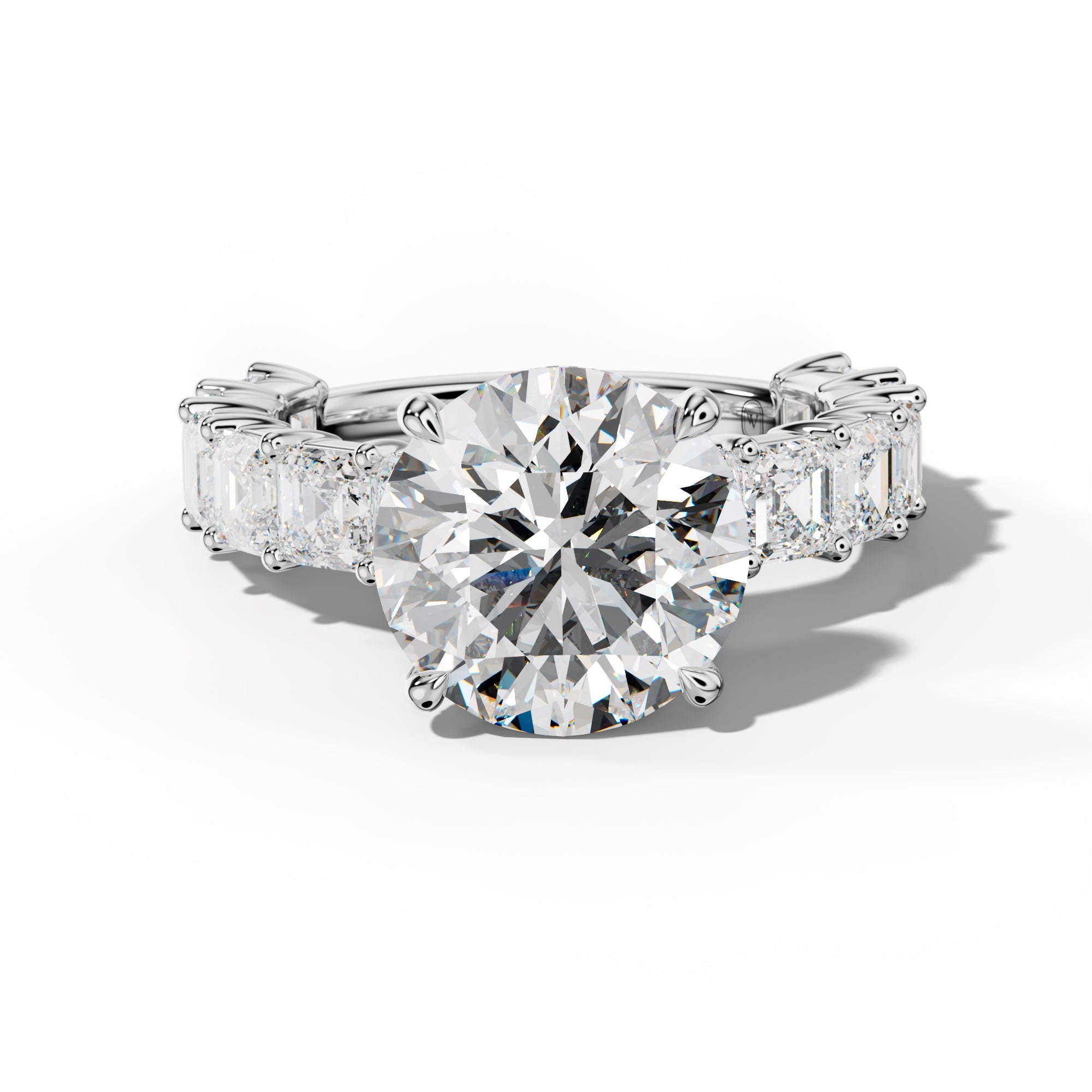 Soleil Round Diamond Engagement Ring With Asscher Side Stones