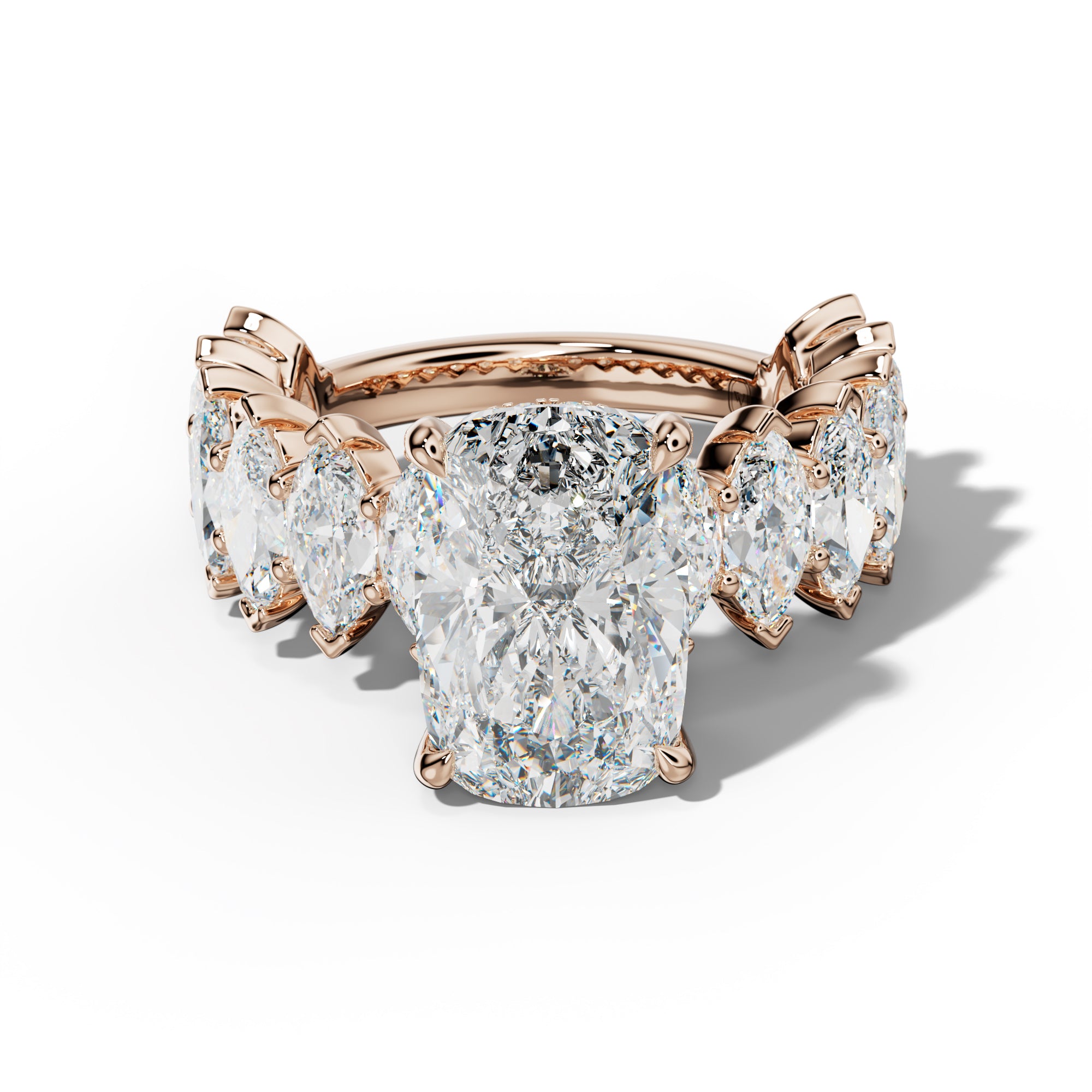 Rayna Elongated Cushion Diamond Engagement Ring With Marquise Side Stones