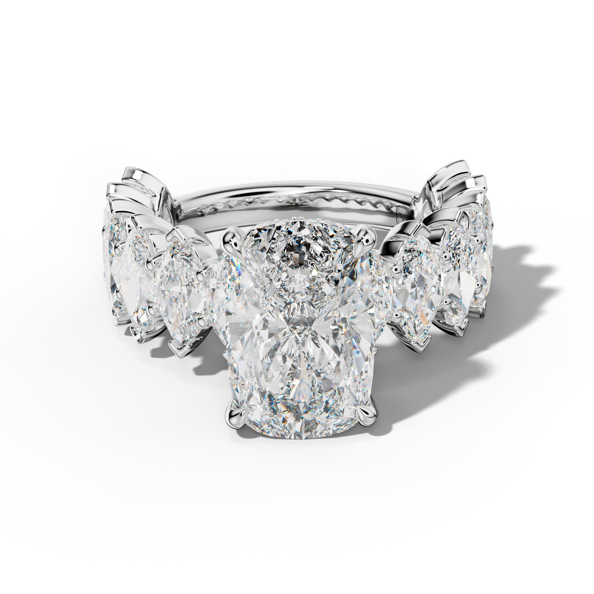 Rayna Elongated Cushion Diamond Engagement Ring With Marquise Side Stones