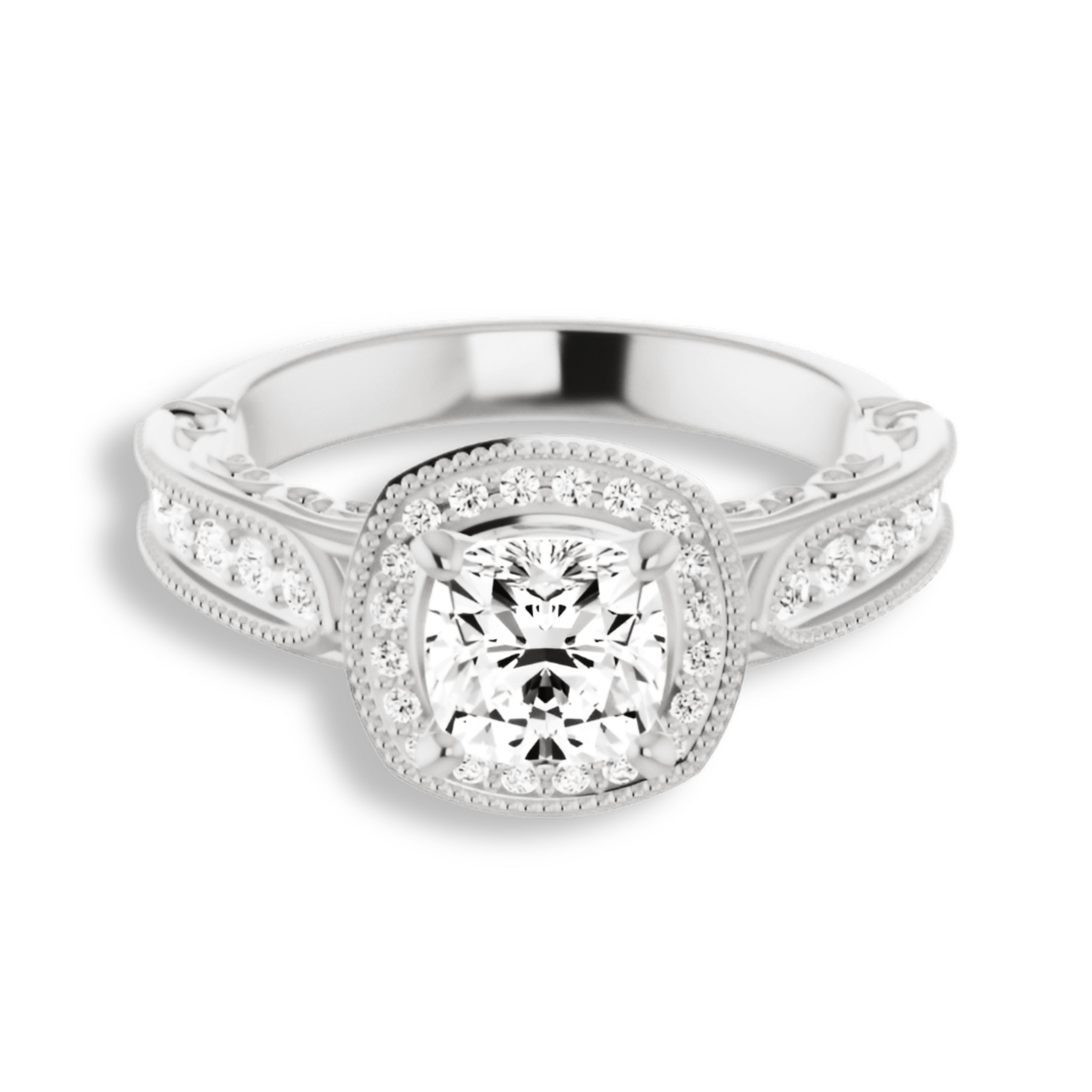 Vintage Style Cushion Cut Diamond Halo Engagement Ring