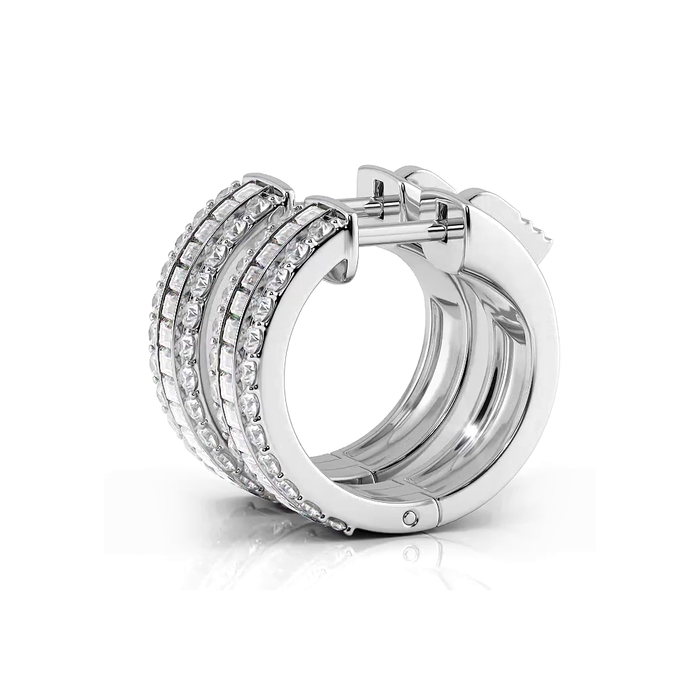 Three Row Round and Baguette Diamond Hoop Earrings Huggie Style-VIRABYANI