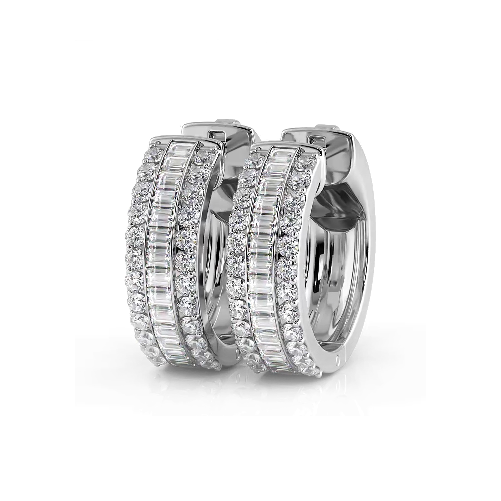 Three Row Round and Baguette Diamond Hoop Earrings Huggie Style-VIRABYANI