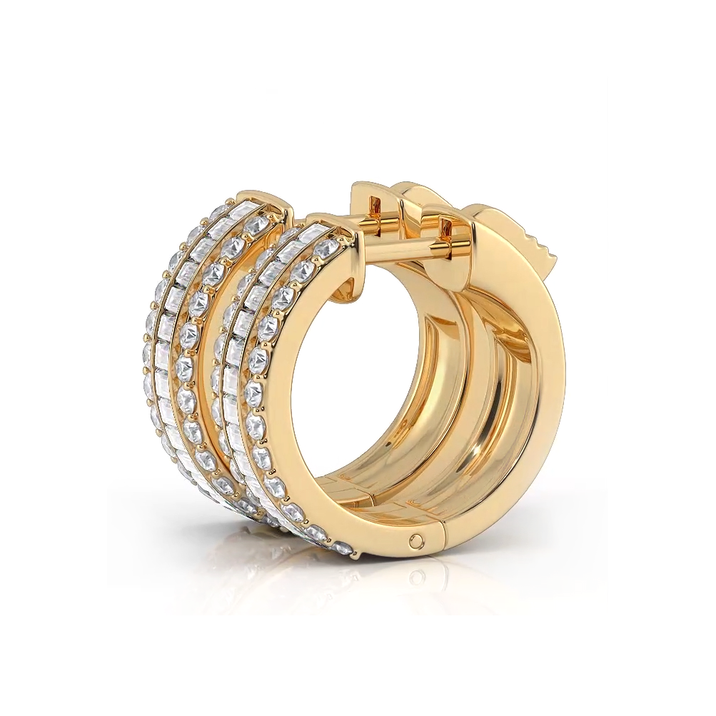 Three Row Round and Baguette Diamond Hoop Earrings Huggie Style-VIRABYANI