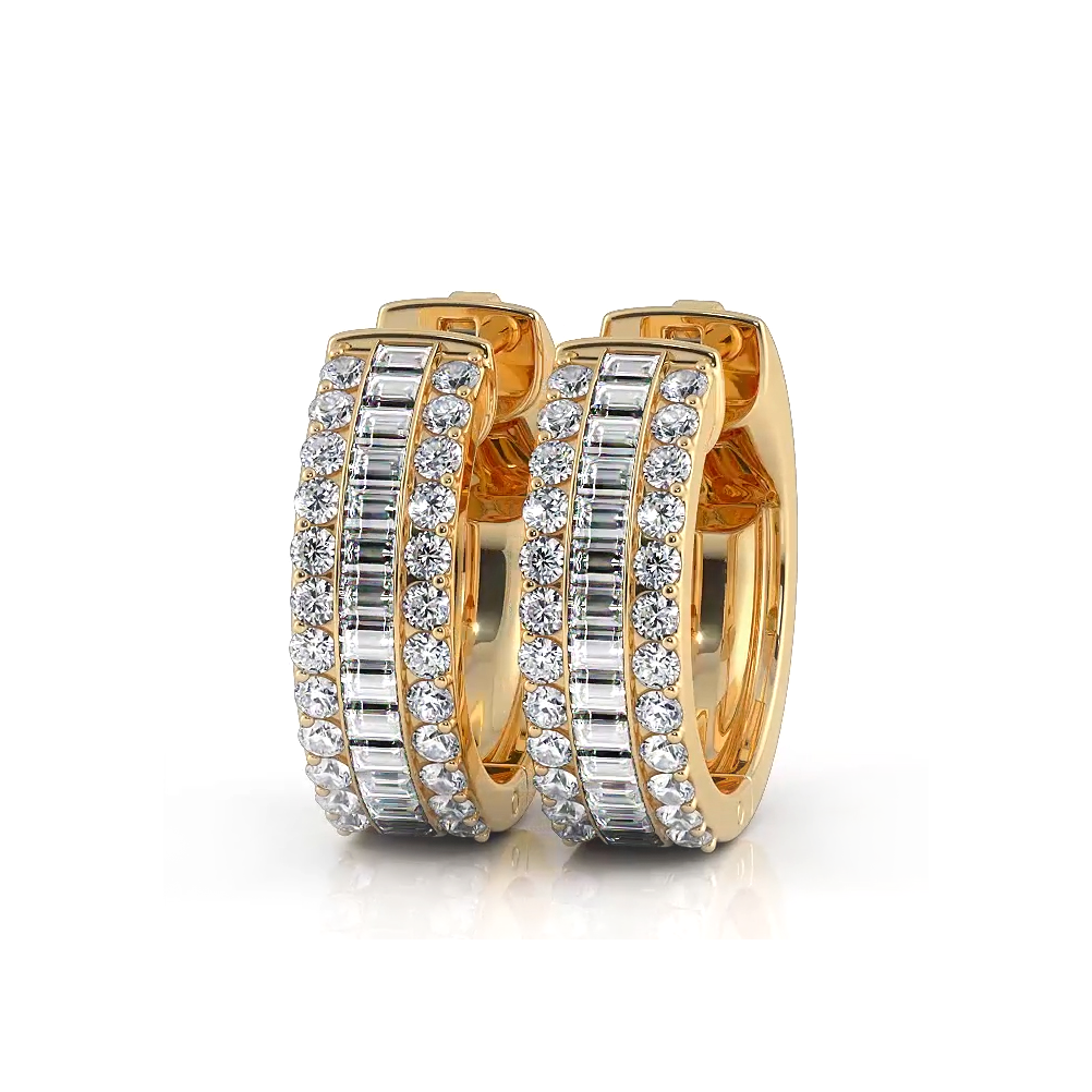 Three Row Round and Baguette Diamond Hoop Earrings Huggie Style-VIRABYANI