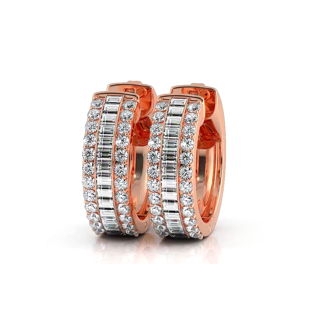 Three Row Round and Baguette Diamond Hoop Earrings Huggie Style-VIRABYANI