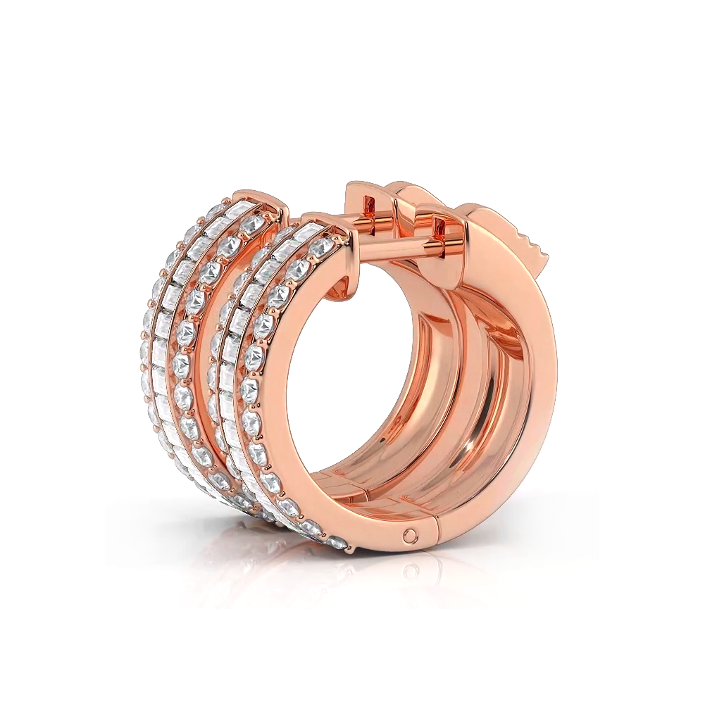Three Row Round and Baguette Diamond Hoop Earrings Huggie Style-VIRABYANI