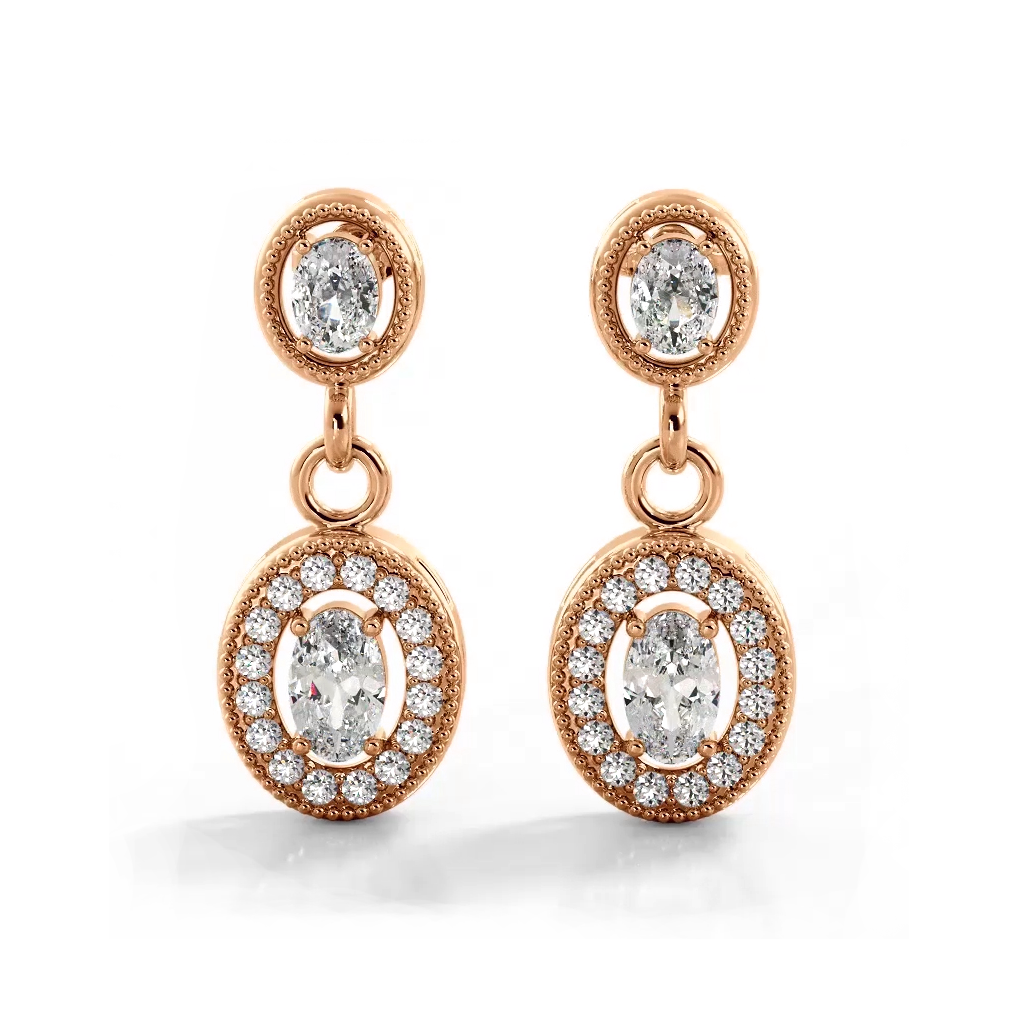 1.12 ctw. Vintage Inspired Oval and Round Diamond Drop Earrings-VIRABYANI