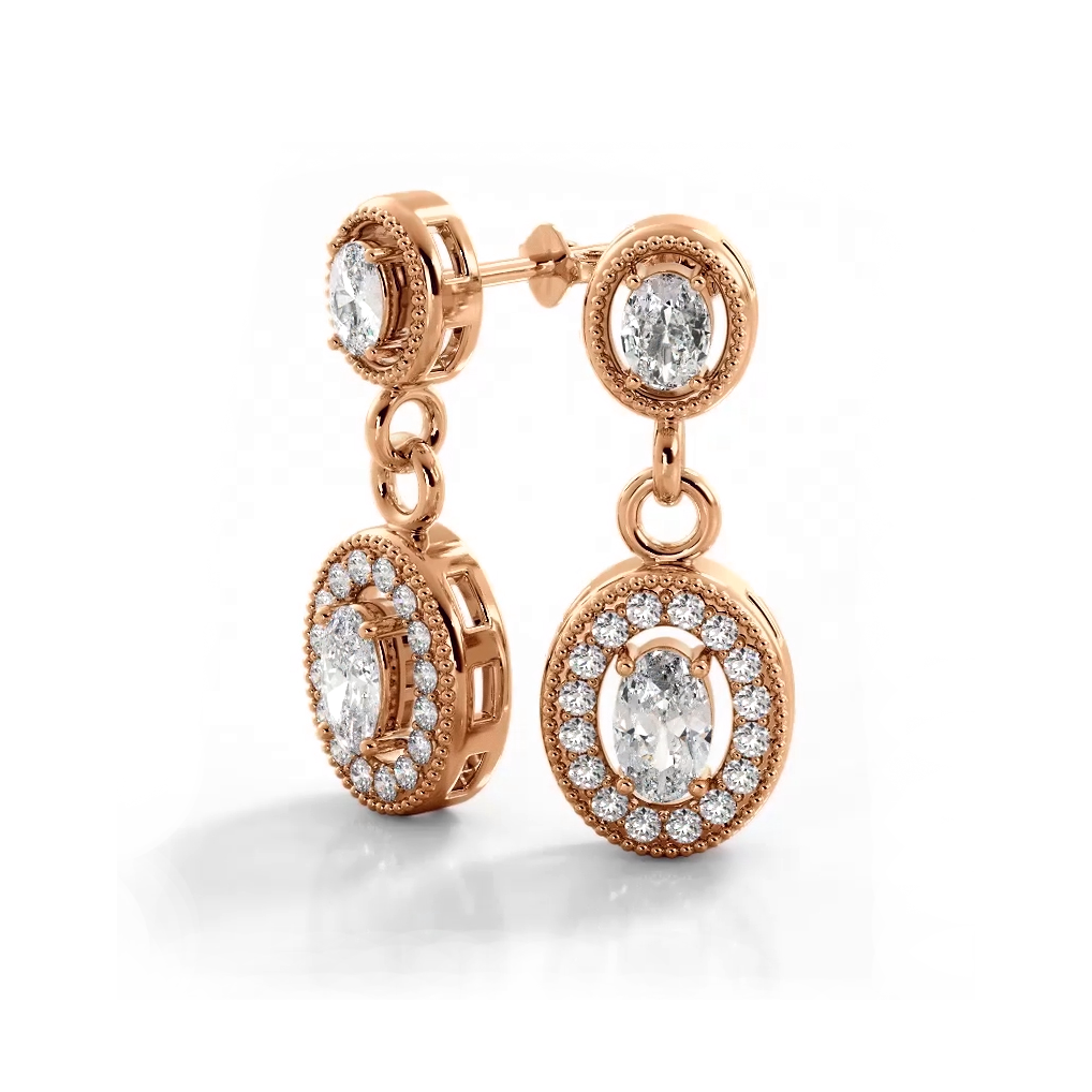 1.12 ctw. Vintage Inspired Oval and Round Diamond Drop Earrings-VIRABYANI