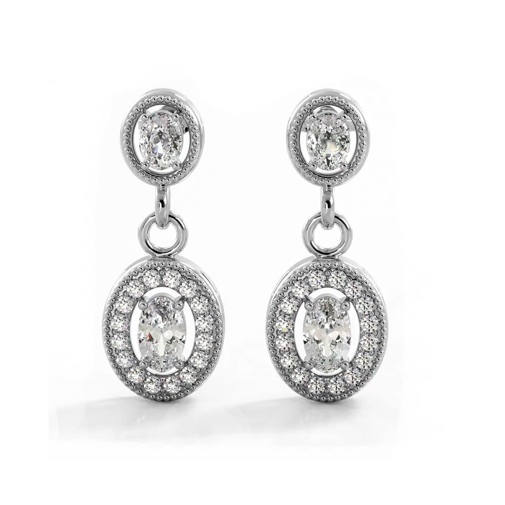 1.12 ctw. Vintage Inspired Oval and Round Diamond Drop Earrings-VIRABYANI