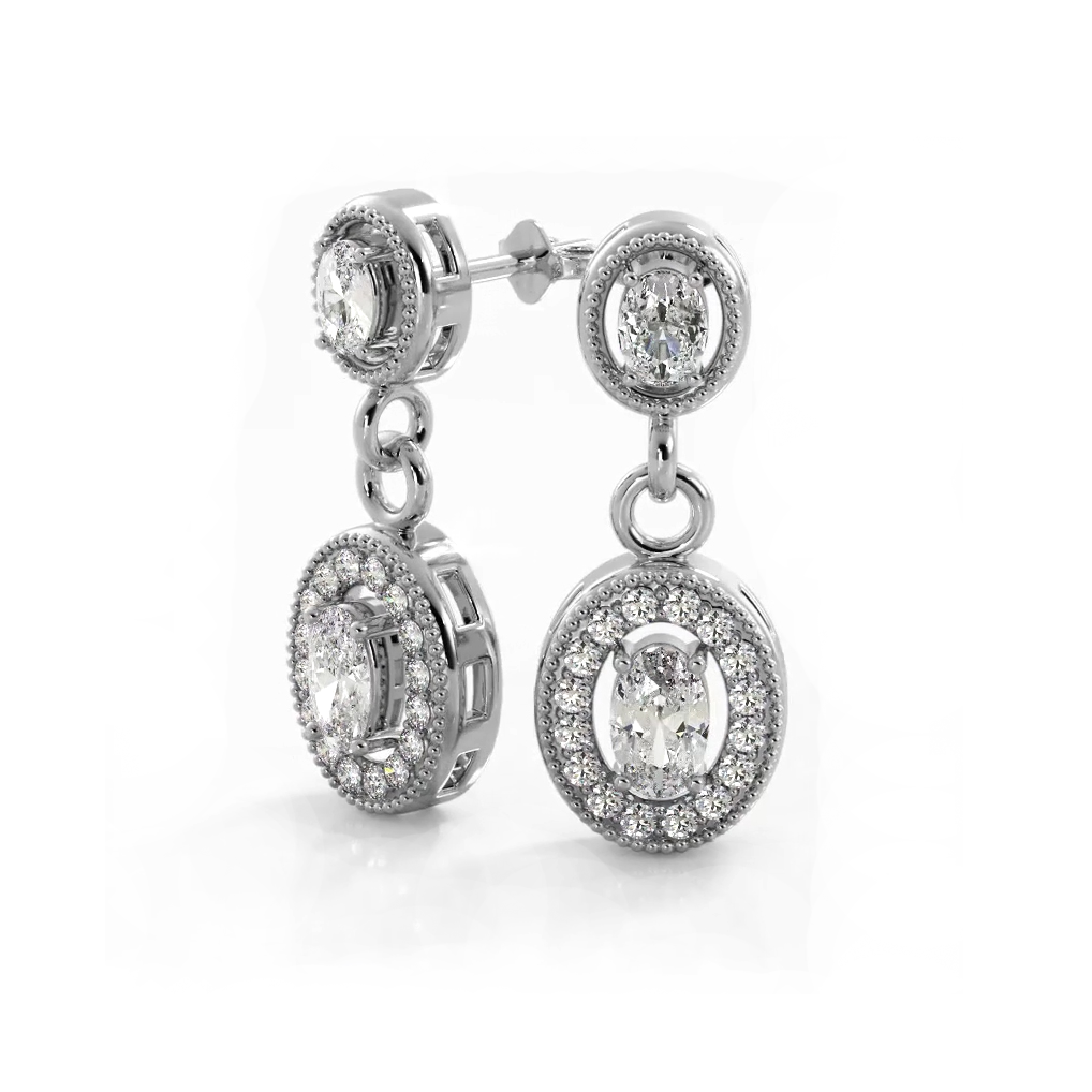 1.12 ctw. Vintage Inspired Oval and Round Diamond Drop Earrings-VIRABYANI