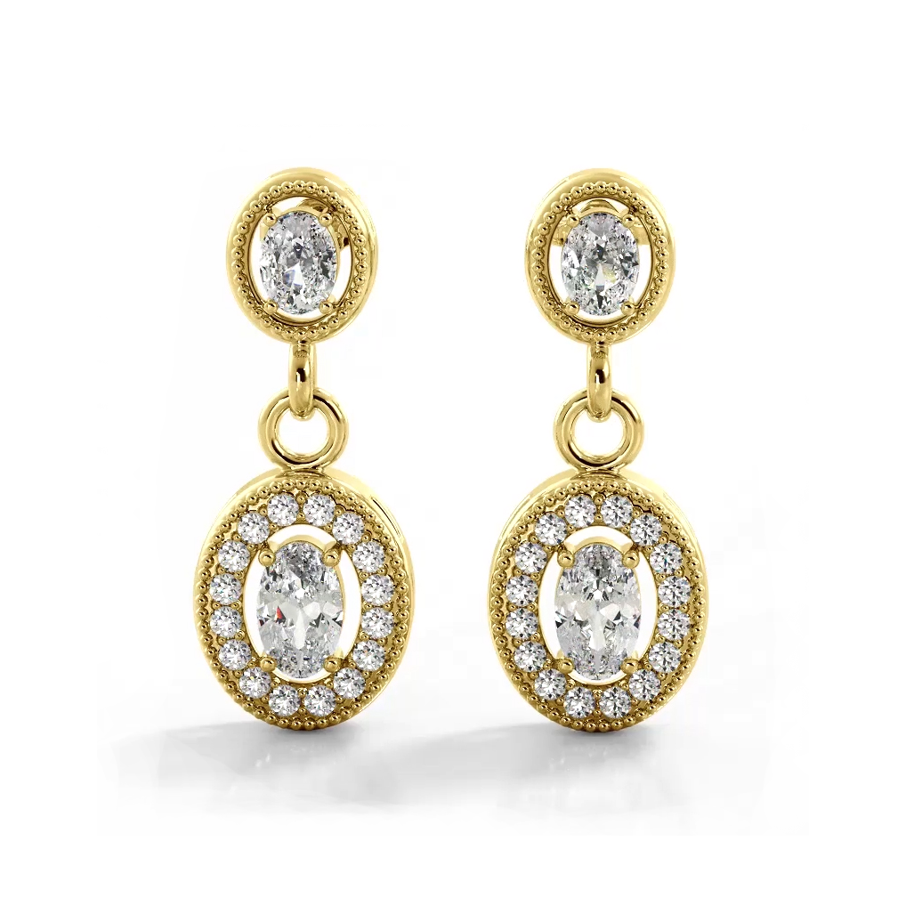 1.12 ctw. Vintage Inspired Oval and Round Diamond Drop Earrings-VIRABYANI