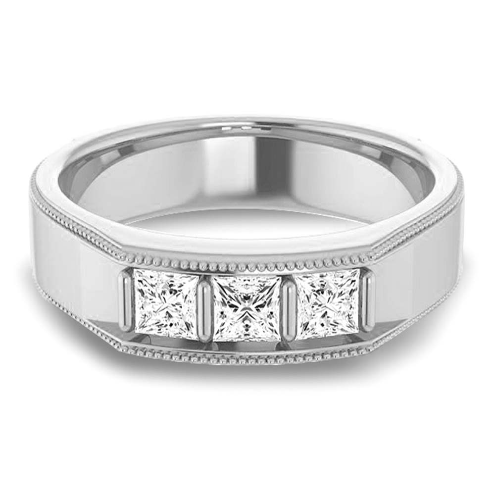 Three Stone 1.0 ctw Bar Set Princess Diamond Men's Ring Milgrain Accent-VIRABYANI