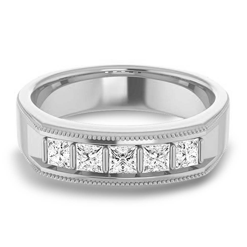 1.0 ctw Bar Set Princess Diamond Milgrain Accent Men's Ring-VIRABYANI