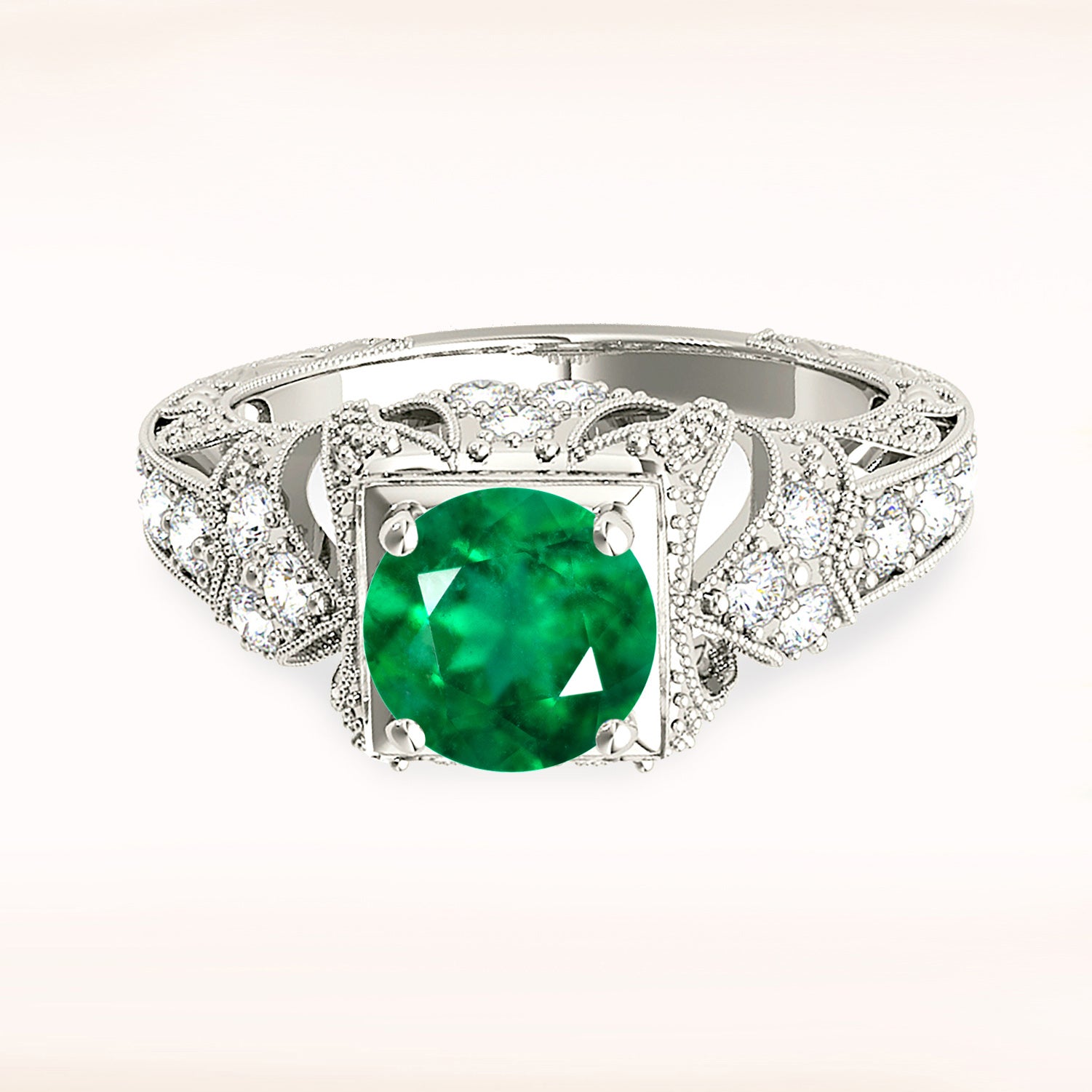 1.14 ct. Genuine Solitaire Emerald Ring With 0.20 ctw. Fancy Diamond Filigree And Milgrain Band-VIRABYANI