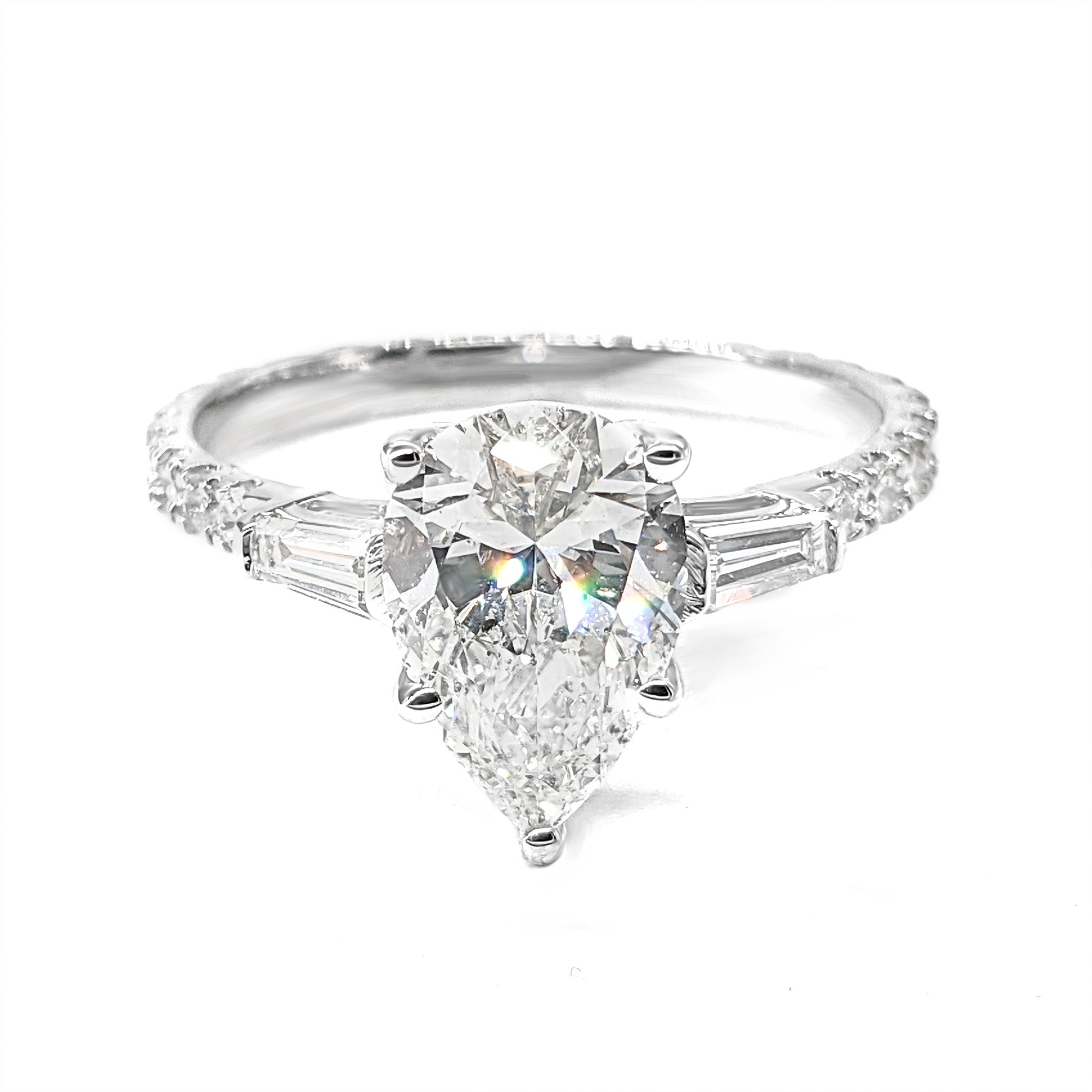 2.00 ctw Pear Diamond Three-Stone Engagement Ring Side Tapered Baguettes-VIRABYANI