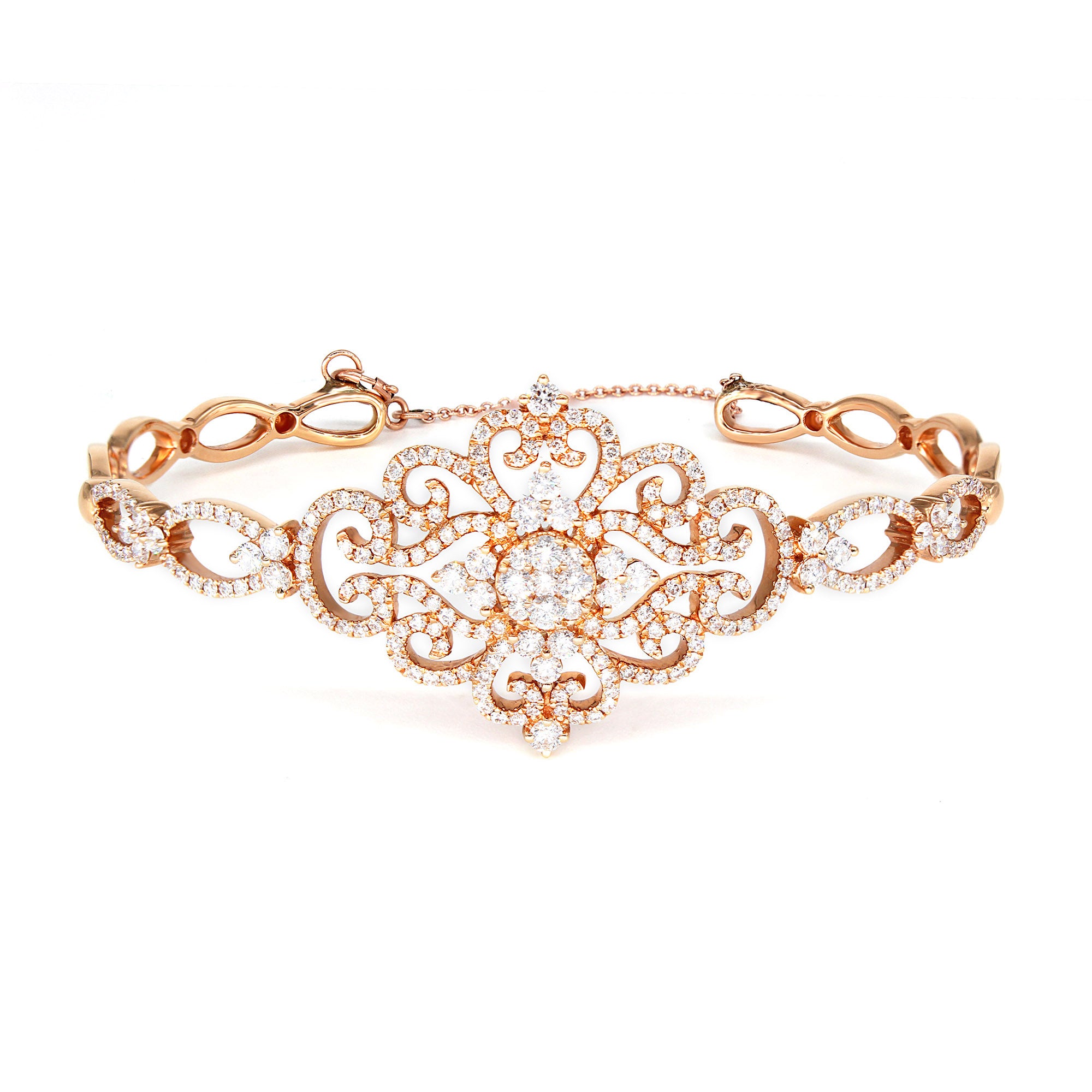 1.95ctw Diamond Vintage Cuff Bracelet With Security Chain-VIRABYANI