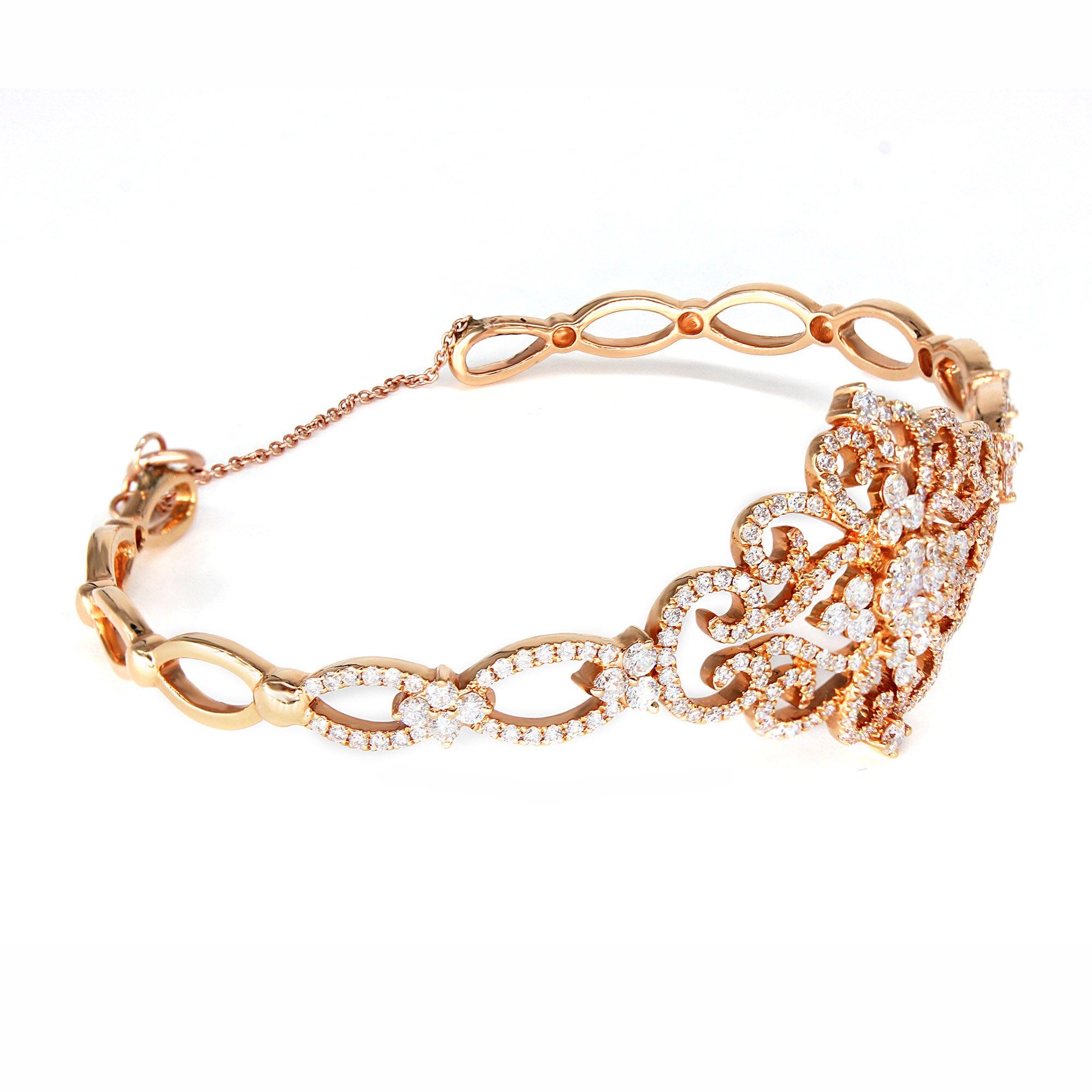 1.95ctw Diamond Vintage Cuff Bracelet With Security Chain-VIRABYANI