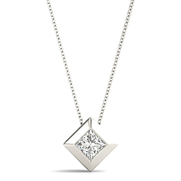 Bezel Set Princess Cut Diamond Solitaire Necklace Pendant-in 14K/18K White, Yellow, Rose Gold and Platinum - Christmas Jewelry Gift -VIRABYANI