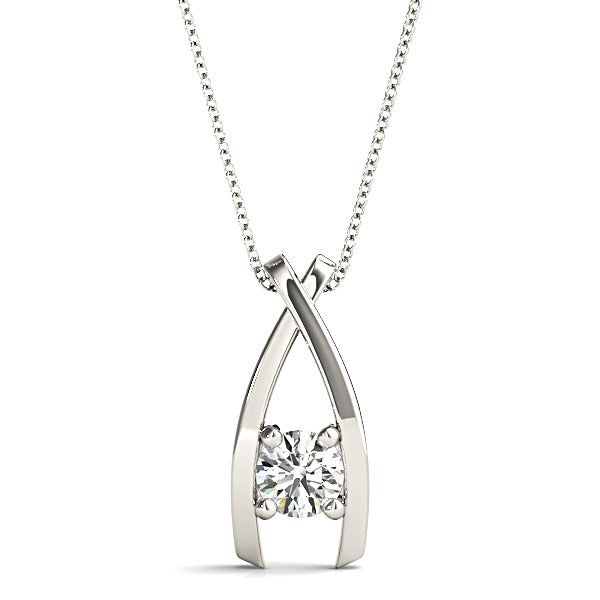 Ribbon Four Prong Round Diamond Solitaire Necklace Pendant-VIRABYANI