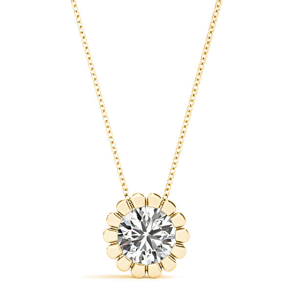 Flower Bezel Set Round Diamond Solitaire Necklace Pendant-VIRABYANI