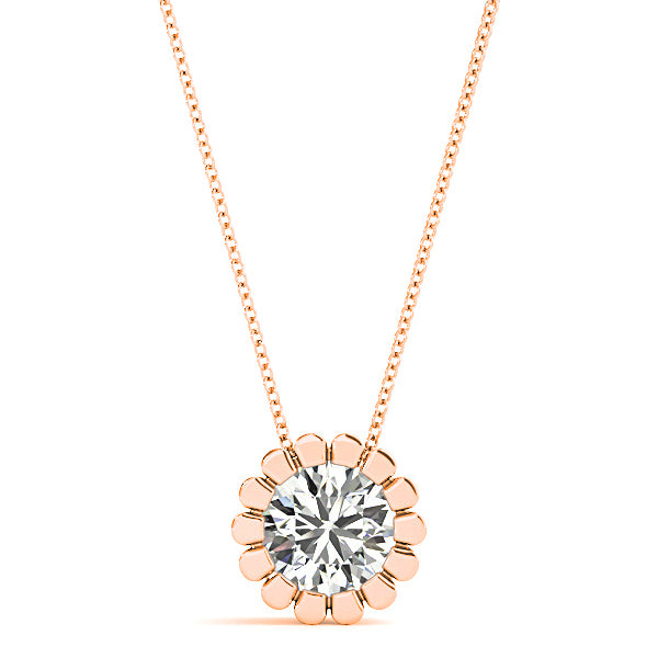 Flower Bezel Set Round Diamond Solitaire Necklace Pendant-VIRABYANI