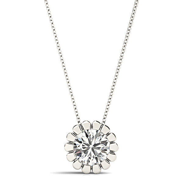 Flower Bezel Set Round Diamond Solitaire Necklace Pendant-VIRABYANI