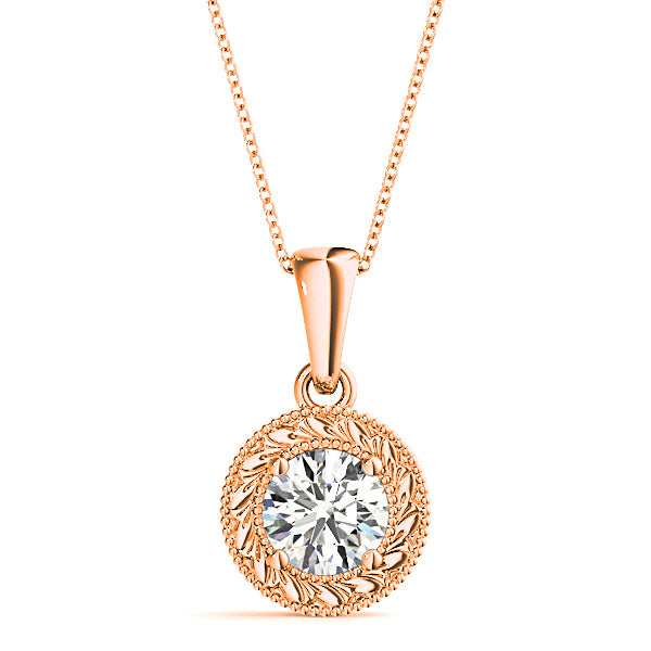 Milgrain Filigree Round Diamond Vintage Necklace Pendant-in 14K/18K White, Yellow, Rose Gold and Platinum - Christmas Jewelry Gift -VIRABYANI
