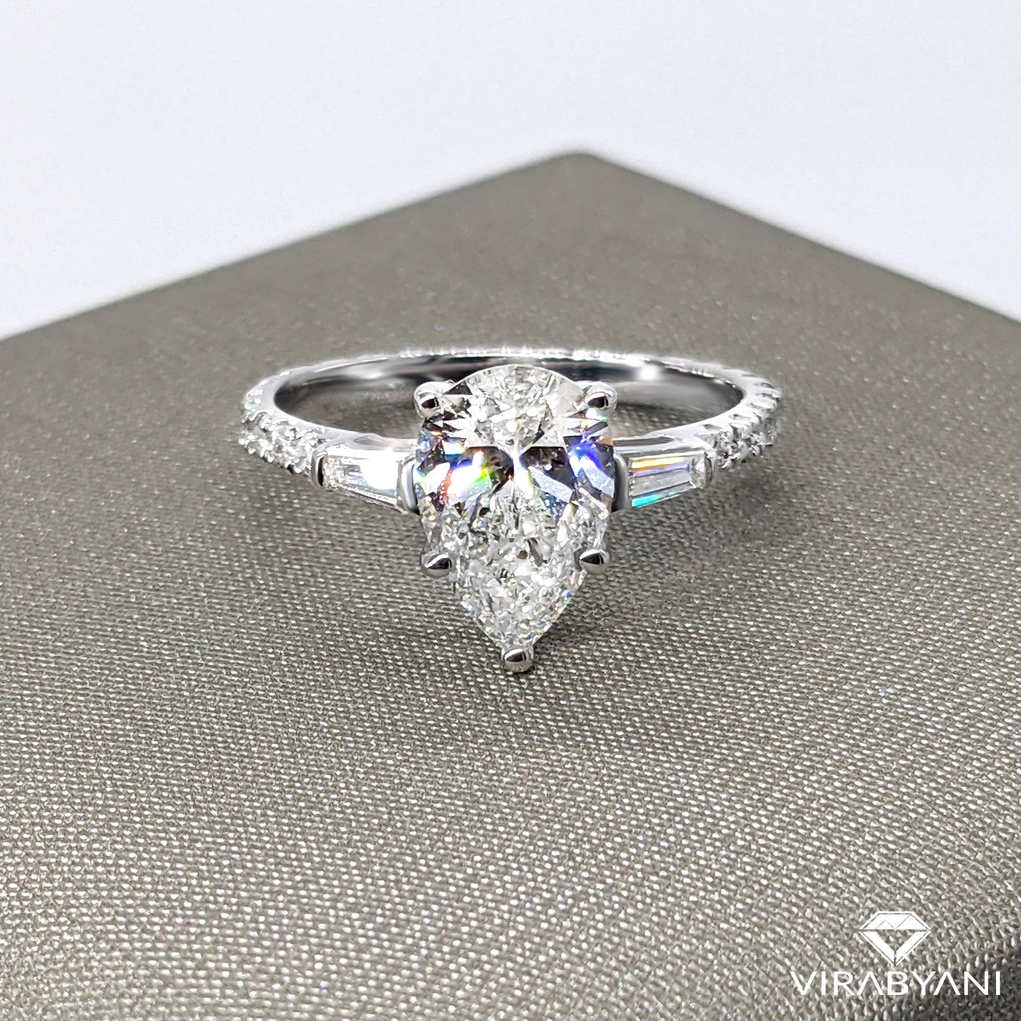 2.00 ctw Pear Diamond Three-Stone Engagement Ring Side Tapered Baguettes-VIRABYANI