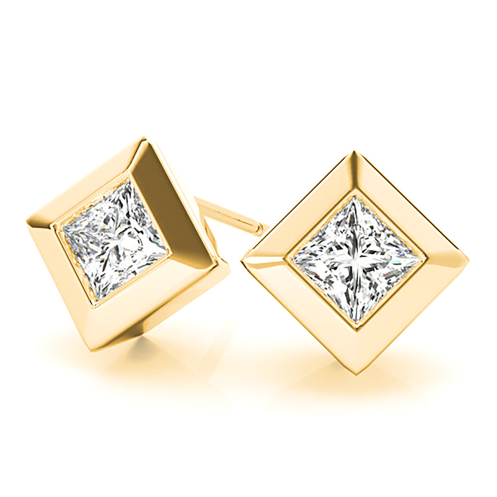 Classic Bezel Set Princess Cut Diamond Stud Earrings-VIRABYANI