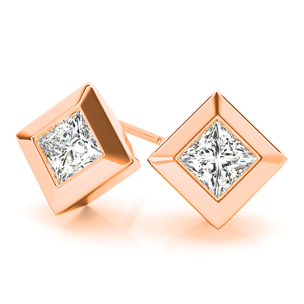 Classic Bezel Set Princess Cut Diamond Stud Earrings-in 14K/18K White, Yellow, Rose Gold and Platinum - Christmas Jewelry Gift -VIRABYANI