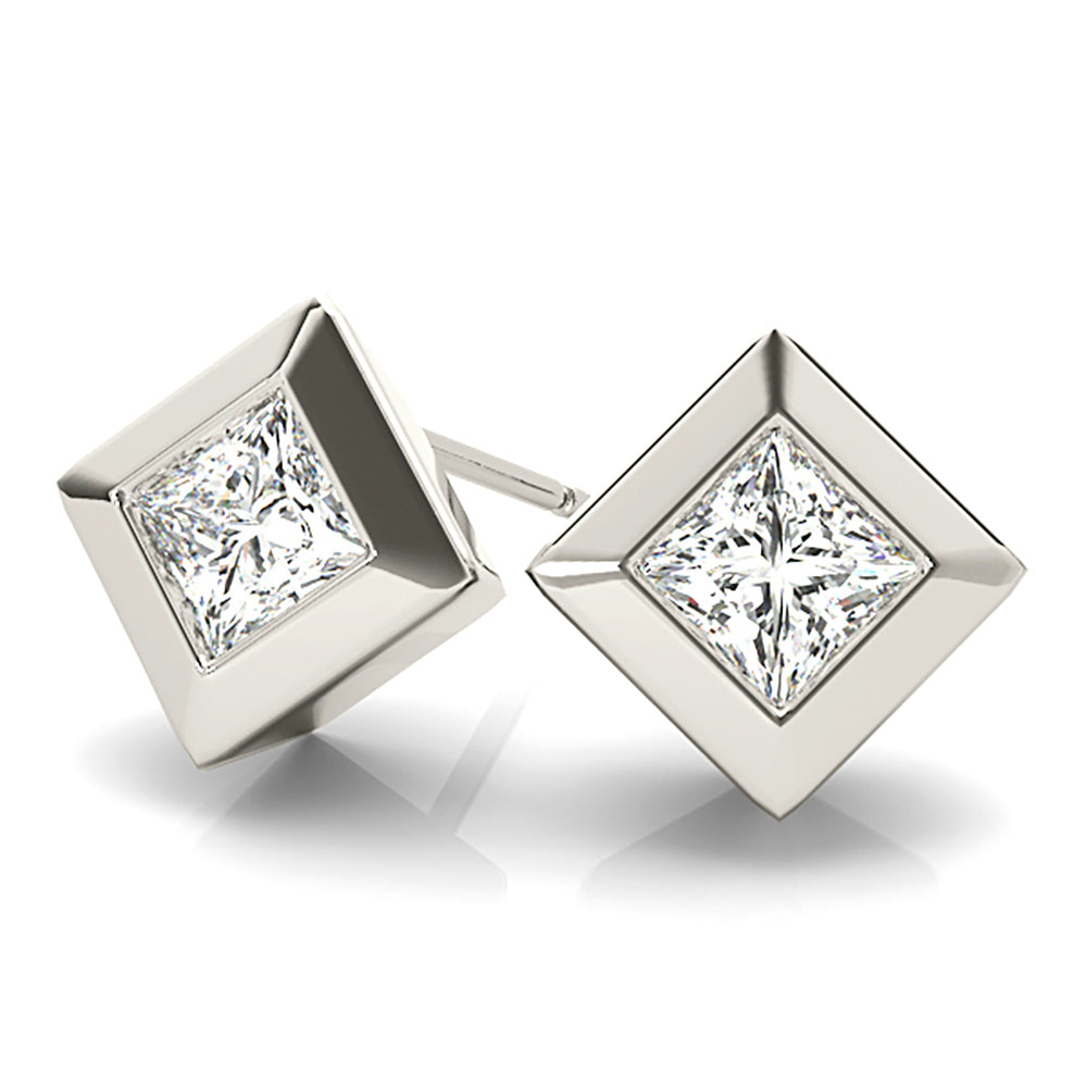 Classic Bezel Set Princess Cut Diamond Stud Earrings-VIRABYANI