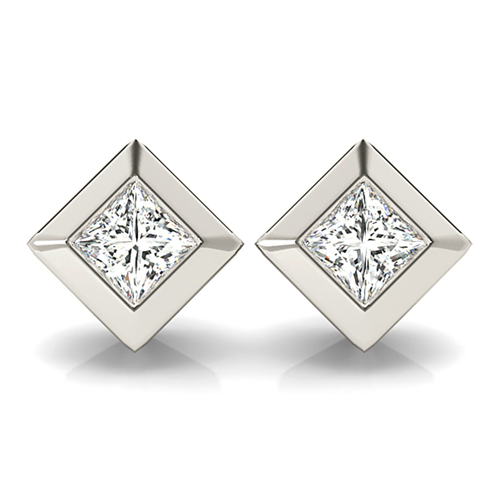 Classic Bezel Set Princess Cut Diamond Stud Earrings-VIRABYANI