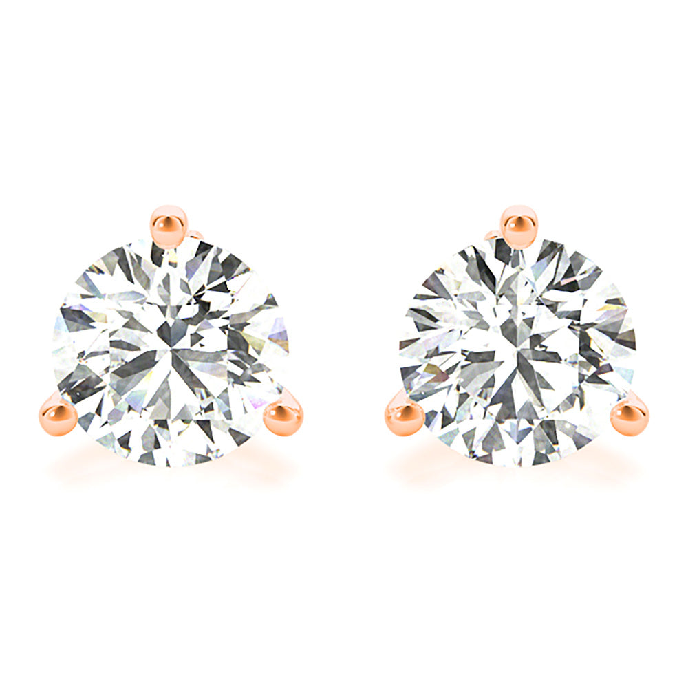Three Prong Diamond Stud Earrings-in 14K/18K White, Yellow, Rose Gold and Platinum - Christmas Jewelry Gift -VIRABYANI
