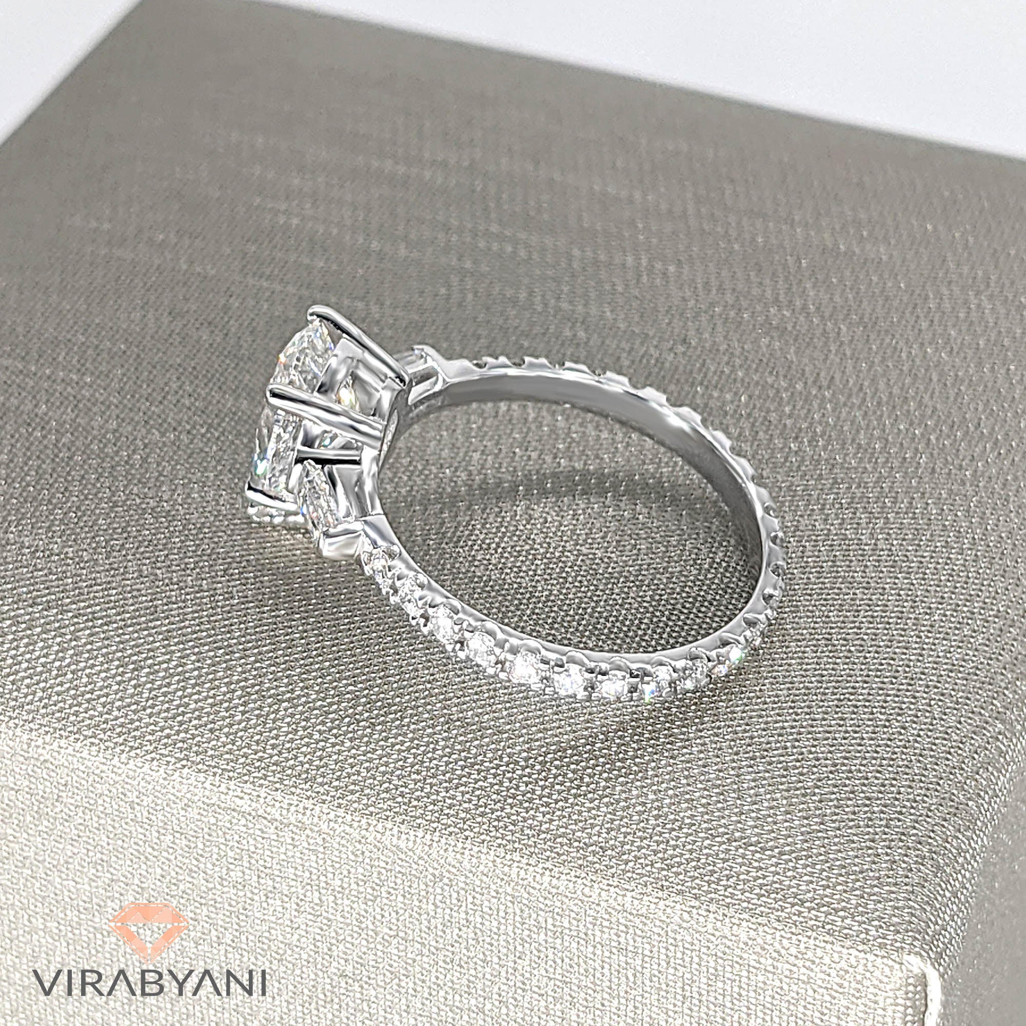 2.00 ctw Pear Diamond Three-Stone Engagement Ring Side Tapered Baguettes-VIRABYANI