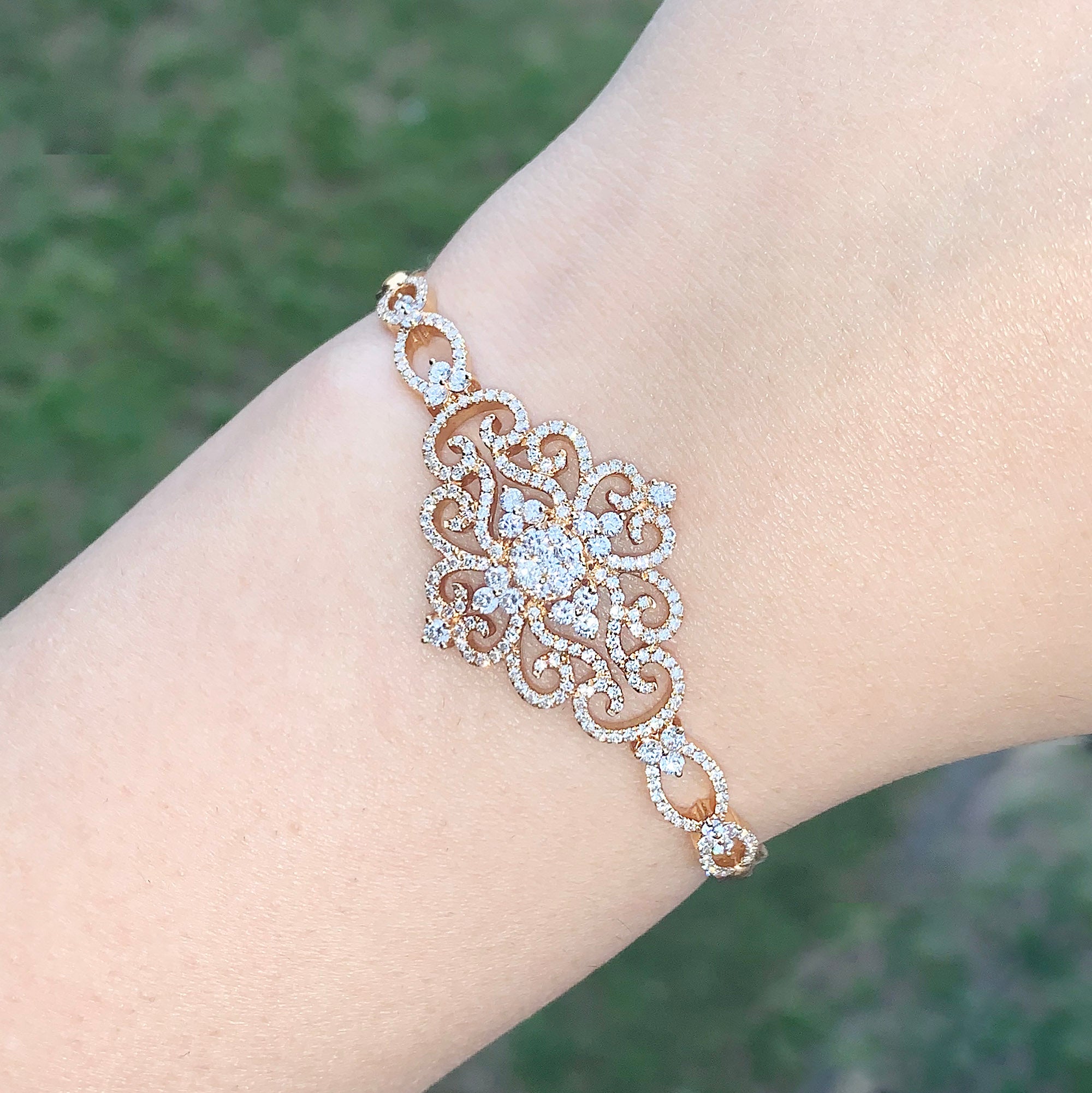 1.95ctw Diamond Vintage Cuff Bracelet With Security Chain-VIRABYANI