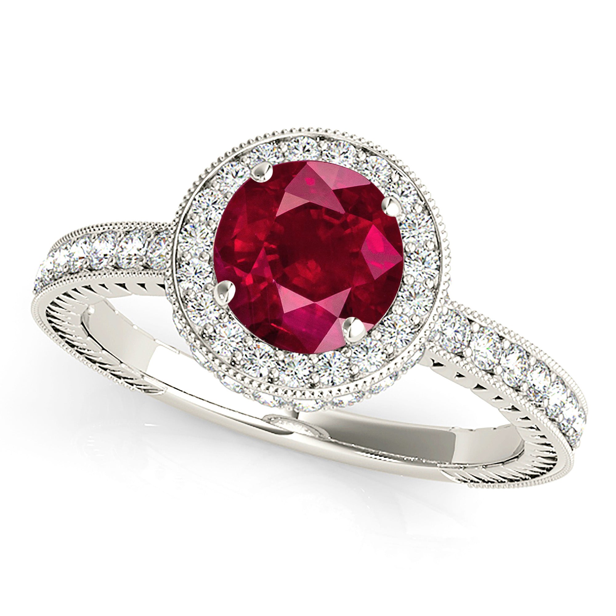 1.35 ct. Genuine Ruby Ring With 0.50 ctw. Diamond Double Edge Halo And Filigree Diamond Band, Invisible Gallery-VIRABYANI