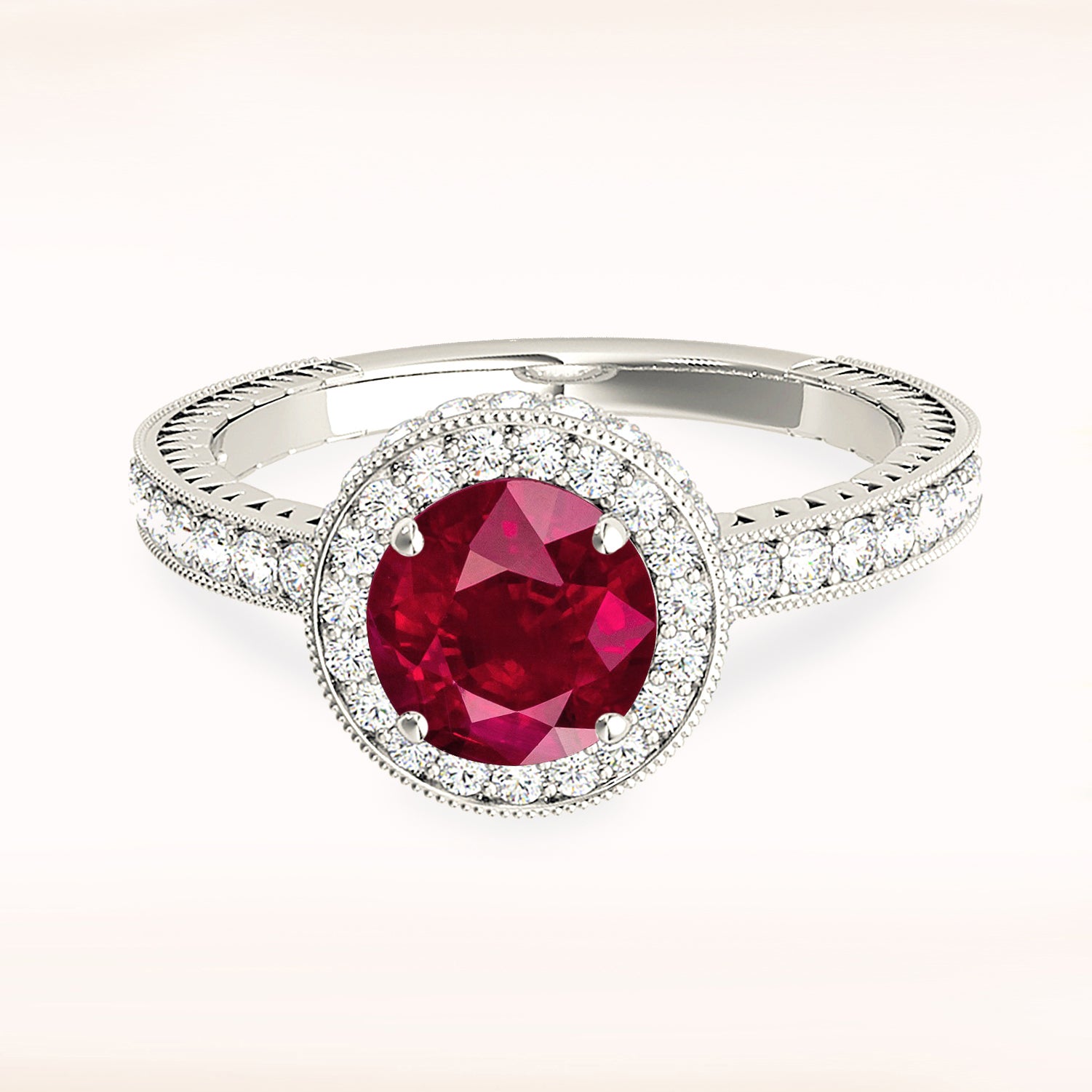 1.35 ct. Genuine Ruby Ring With 0.50 ctw. Diamond Double Edge Halo And Filigree Diamond Band, Invisible Gallery-VIRABYANI