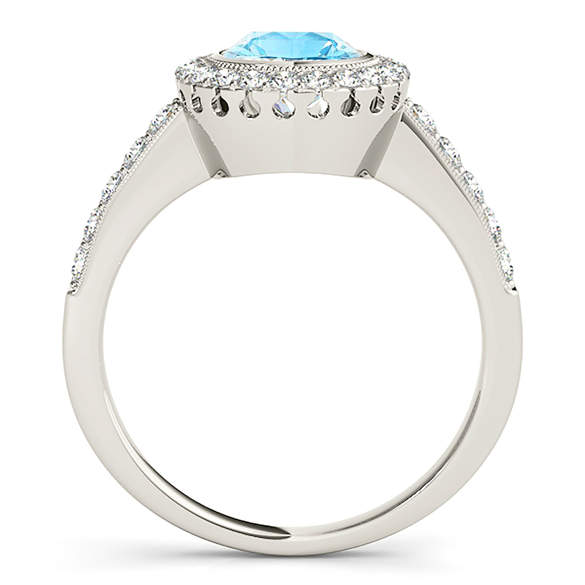 1.10 ct. Genuine Aquamarine Ring With 0.40 ctw. Diamond Halo And Delicate Thin Diamond Band| Round Blue Aquamarine Halo Ring-VIRABYANI