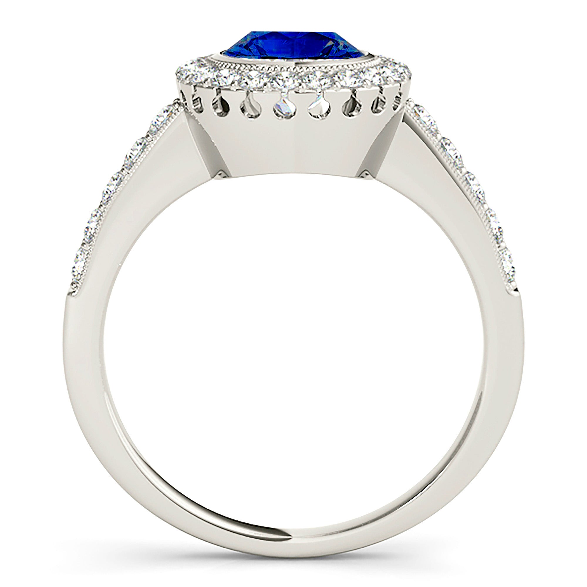 1.35 ct. Genuine Blue Sapphire Bezel Set Milgrain Halo Ring With 0.40 ctw. Side Diamonds-VIRABYANI